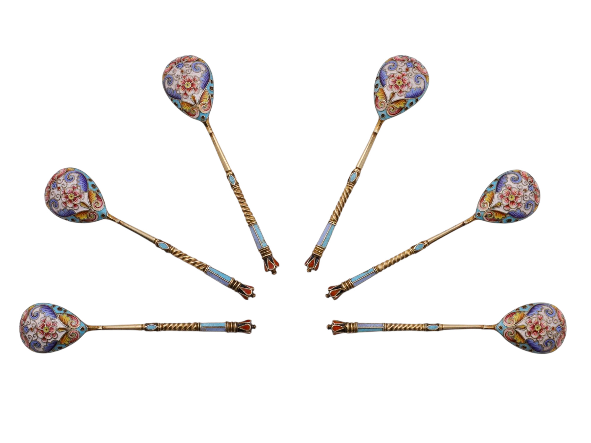 SIX CASED RUSSIAN ENAMEL SPOONS BY F. RUCKERT, 1899-1908