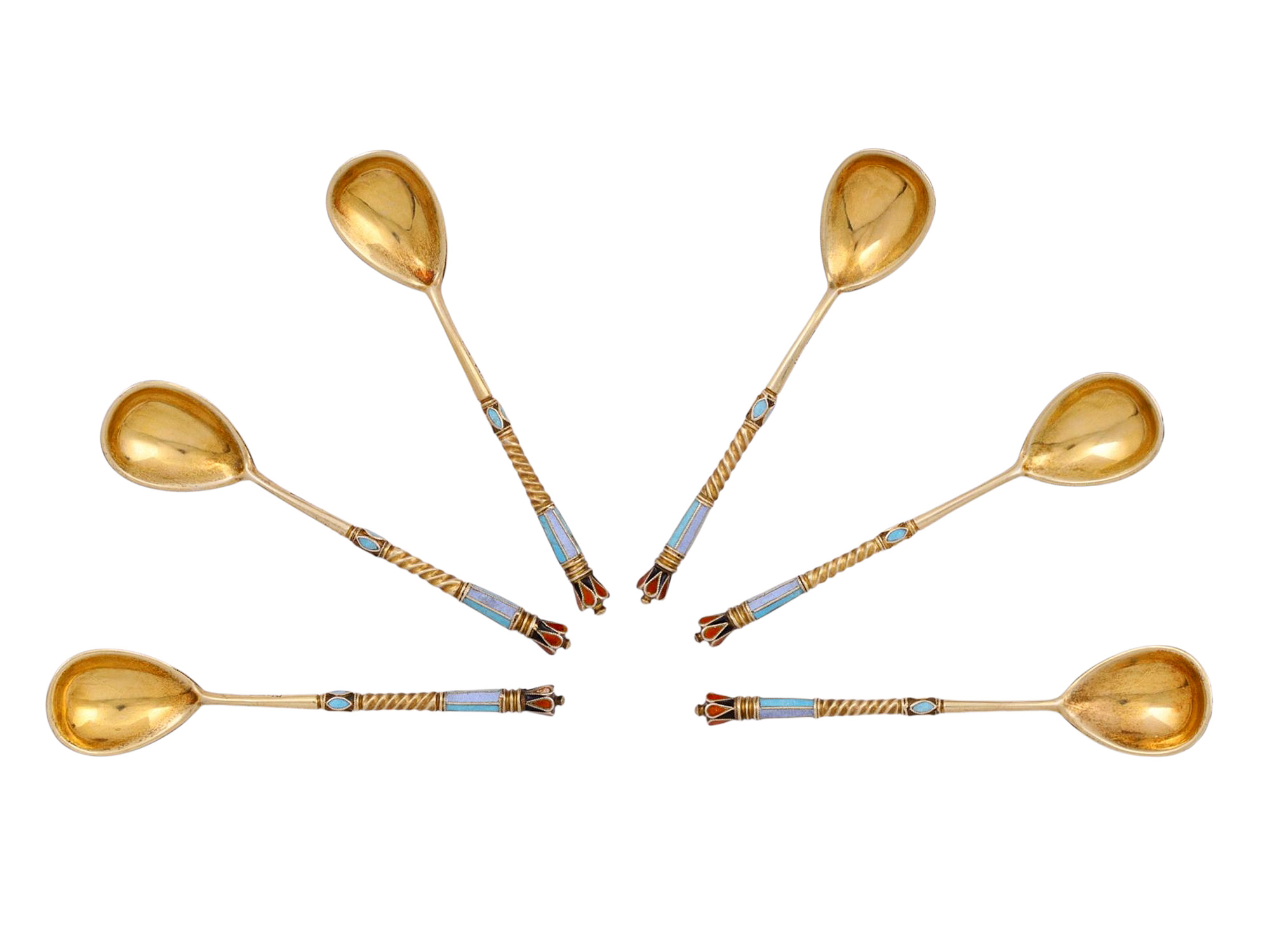 SIX CASED RUSSIAN ENAMEL SPOONS BY F. RUCKERT, 1899-1908