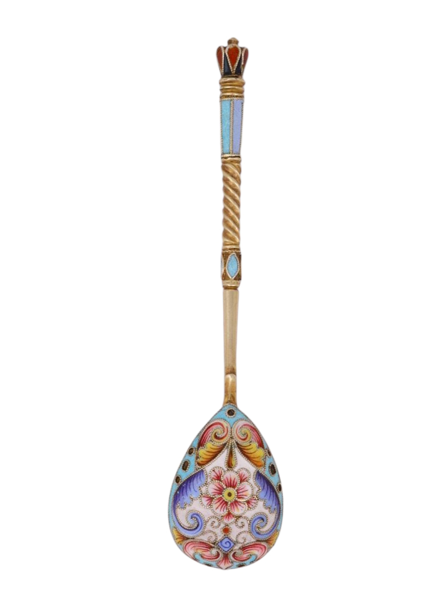 SIX CASED RUSSIAN ENAMEL SPOONS BY F. RUCKERT, 1899-1908