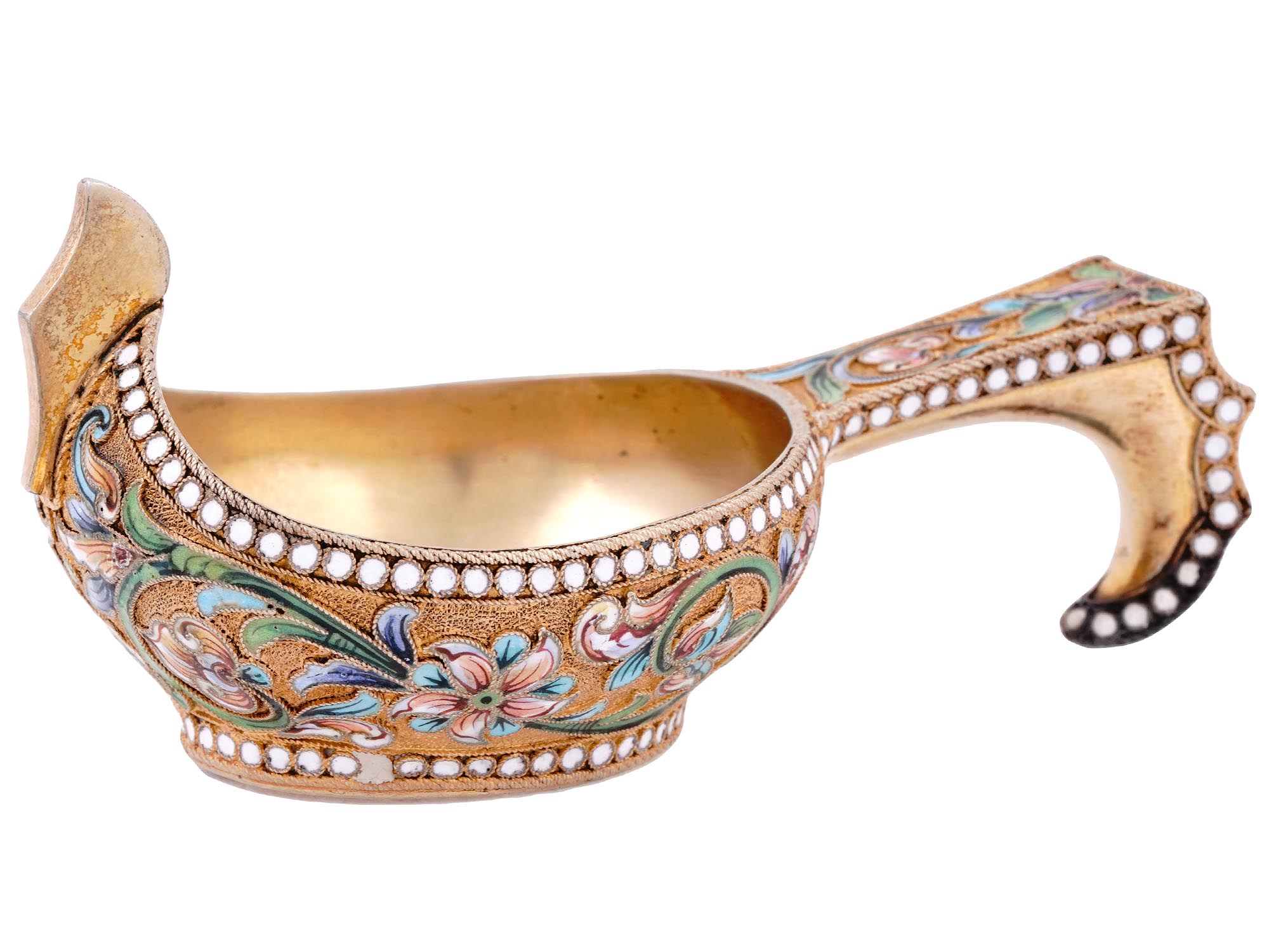 A RUSSIAN SILVER-GILT AND CLOISONNE ENAMEL KOVSH, 1908-1917