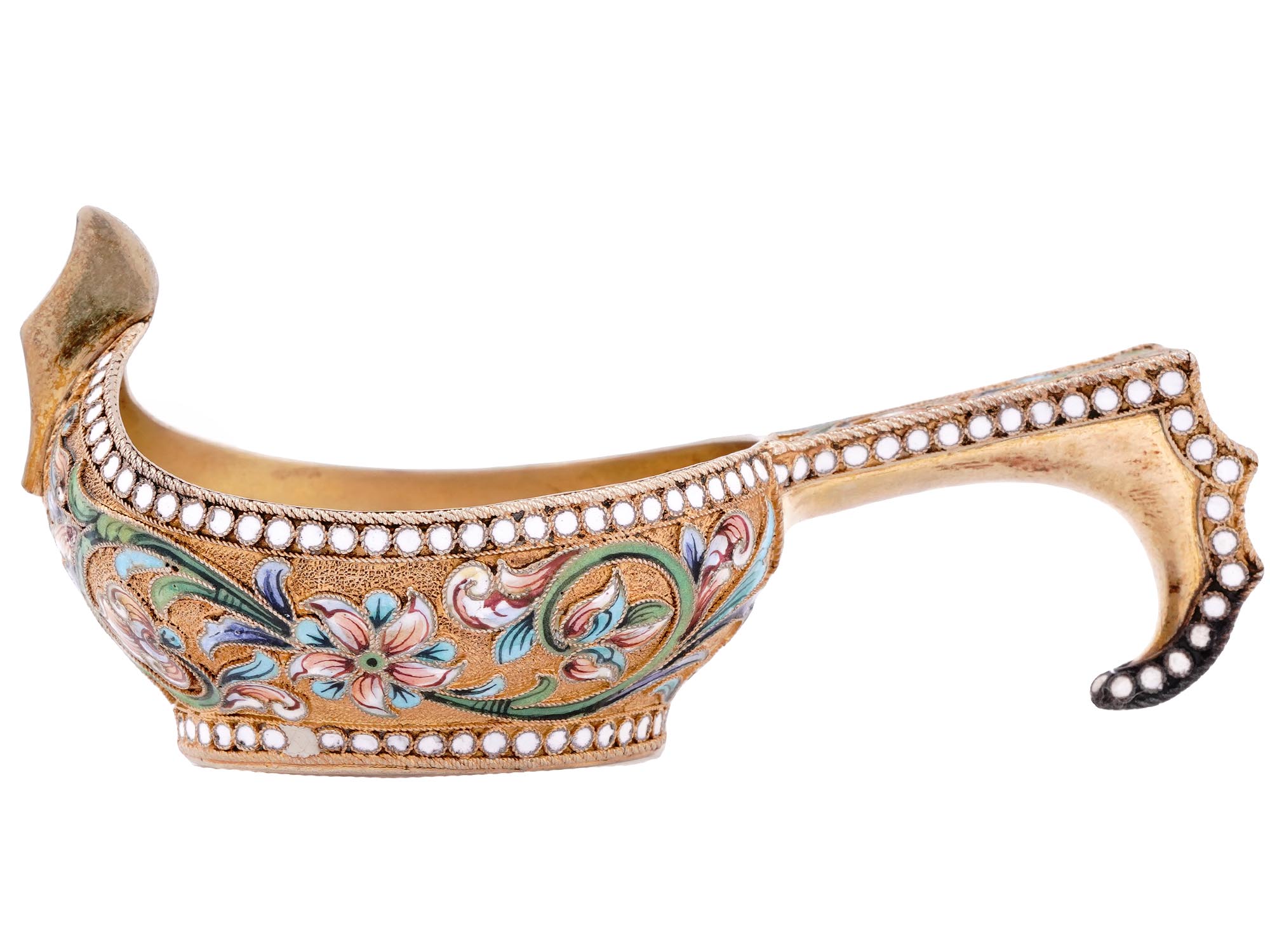 A RUSSIAN SILVER-GILT AND CLOISONNE ENAMEL KOVSH, 1908-1917