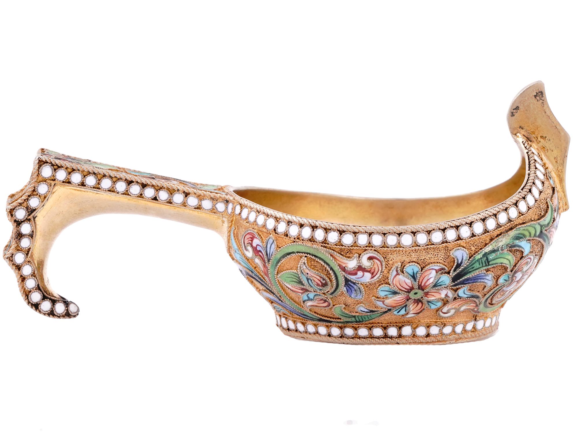 A RUSSIAN SILVER-GILT AND CLOISONNE ENAMEL KOVSH, 1908-1917