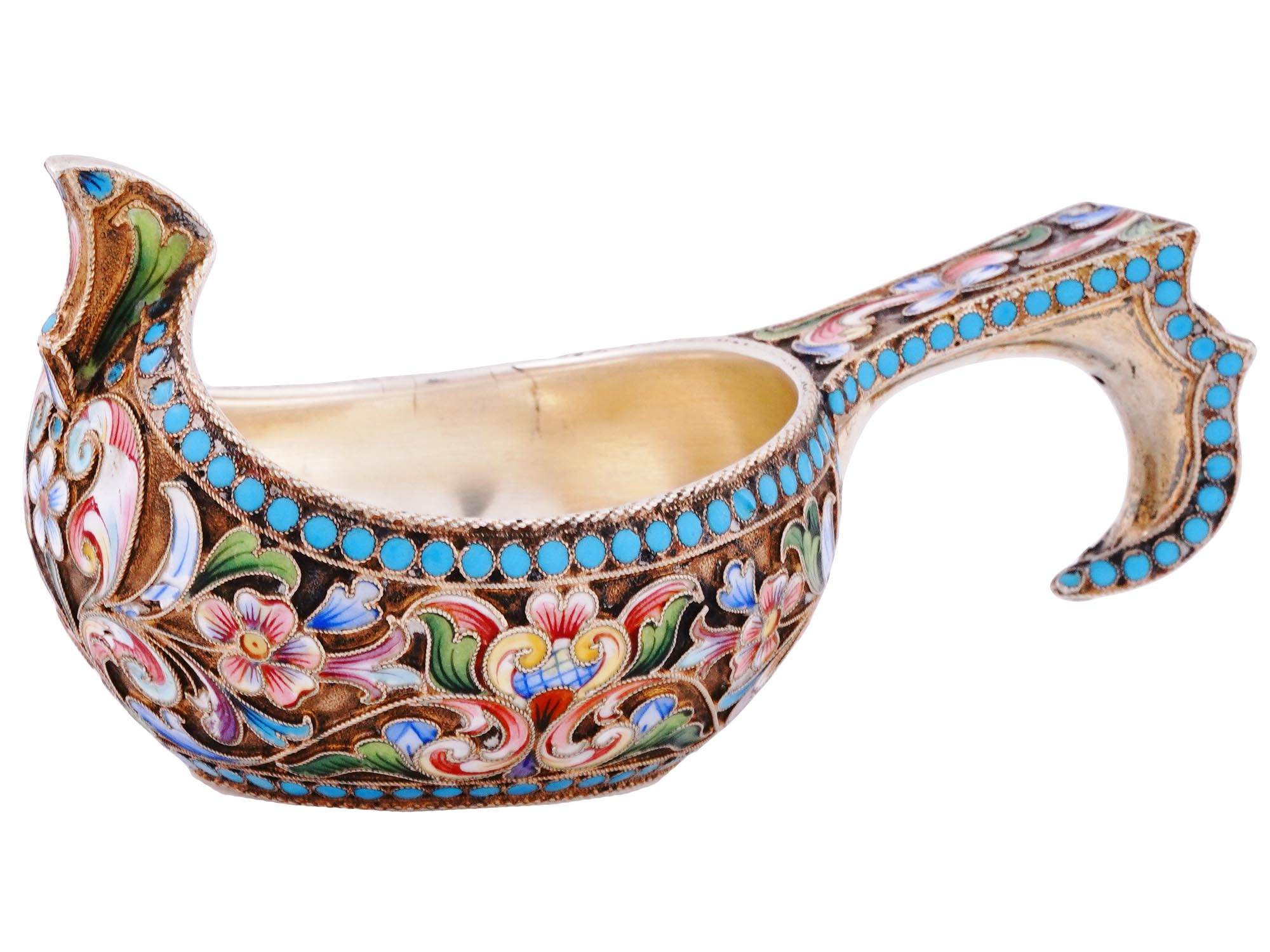 A RUSSIAN SILVER-GILT AND CLOISONNE ENAMEL KOVSH BY MARIA SEMENOVA, 1899-1908