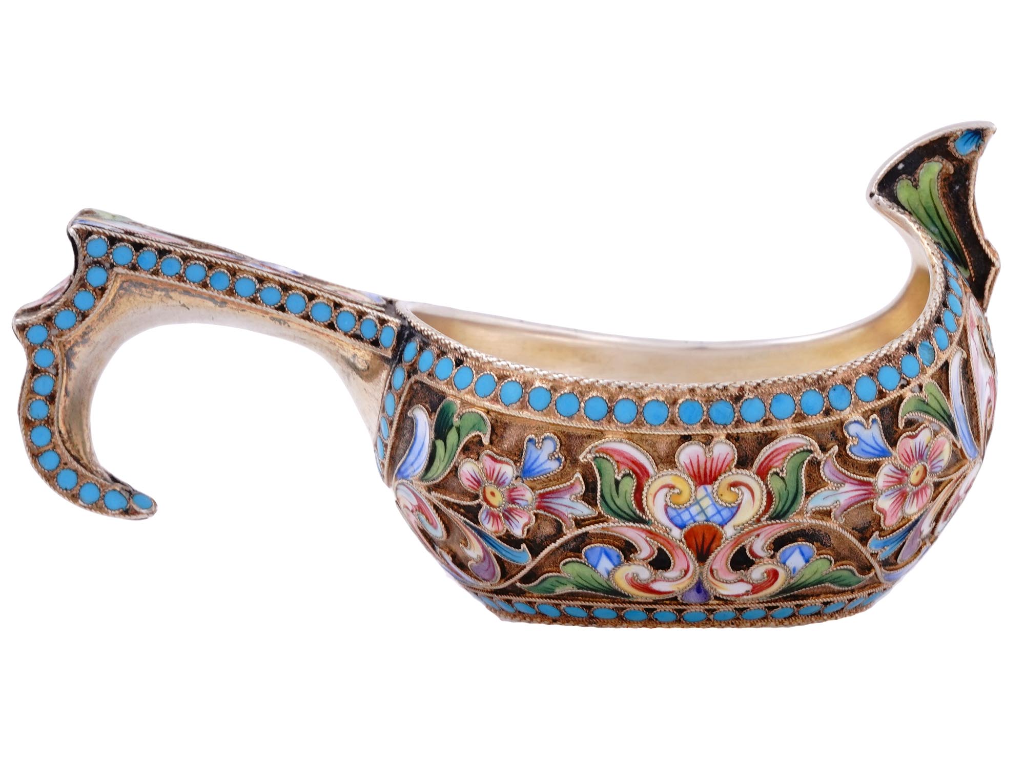 A RUSSIAN SILVER-GILT AND CLOISONNE ENAMEL KOVSH BY MARIA SEMENOVA, 1899-1908