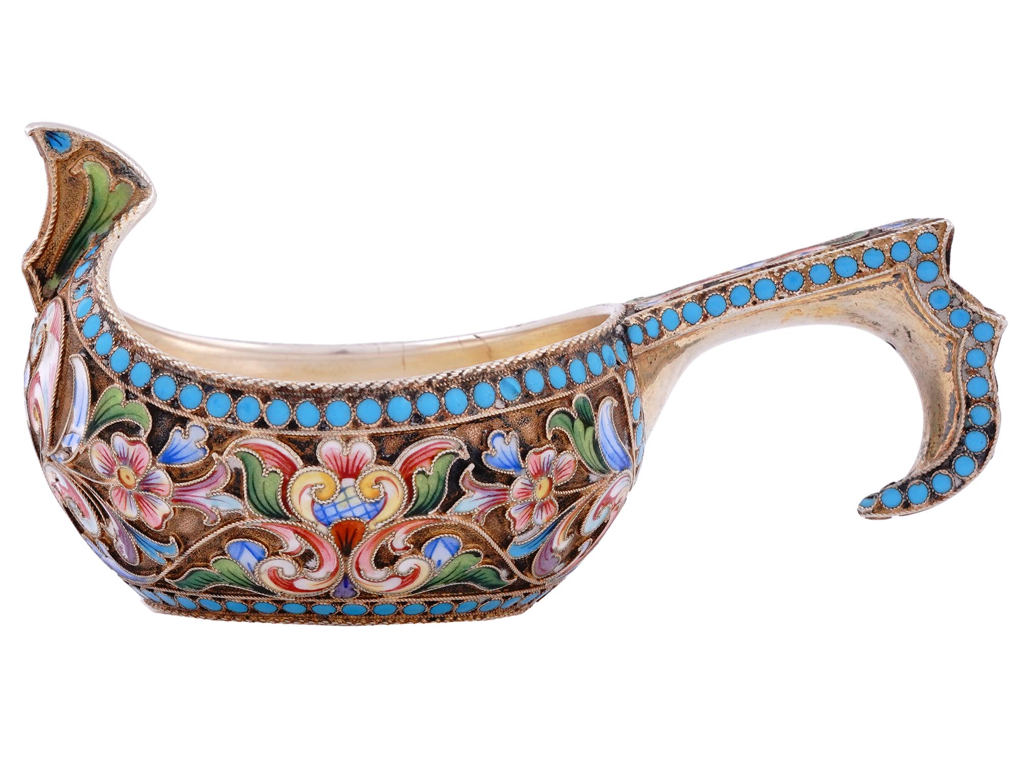 A RUSSIAN SILVER-GILT AND CLOISONNE ENAMEL KOVSH BY MARIA SEMENOVA, 1899-1908