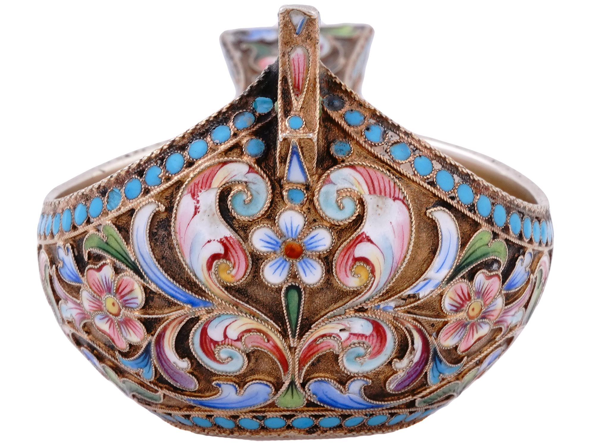 A RUSSIAN SILVER-GILT AND CLOISONNE ENAMEL KOVSH BY MARIA SEMENOVA, 1899-1908