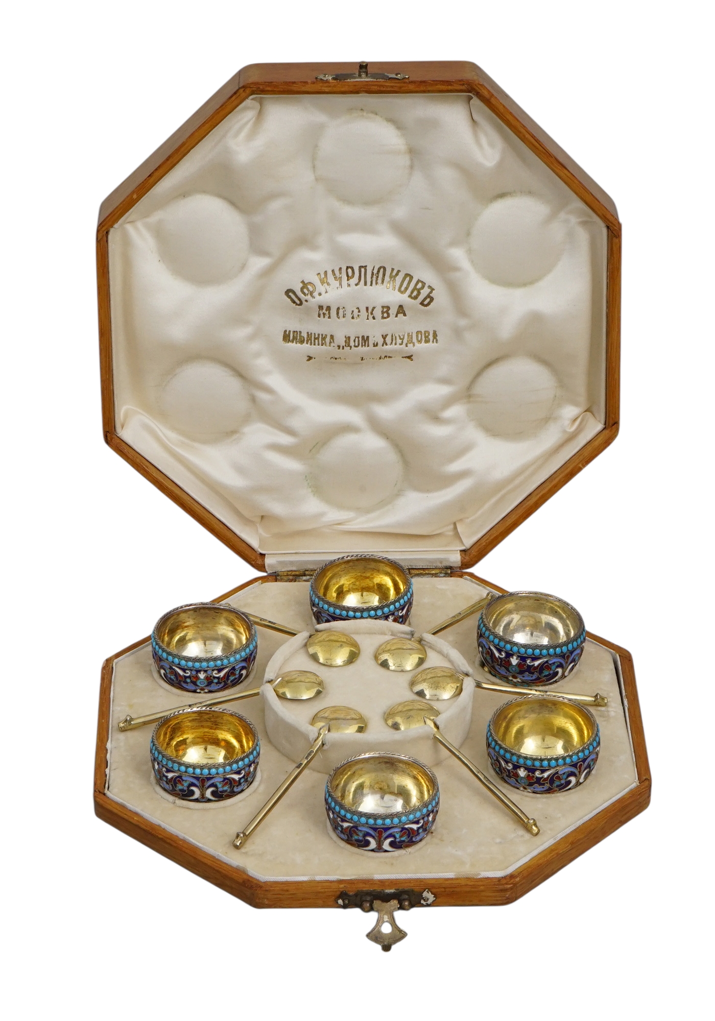 A LOT OF SIX CASED RUSSIAN CLOISONNE ENAMEL SALT CELLARS BY KURLYUKOV, 1895