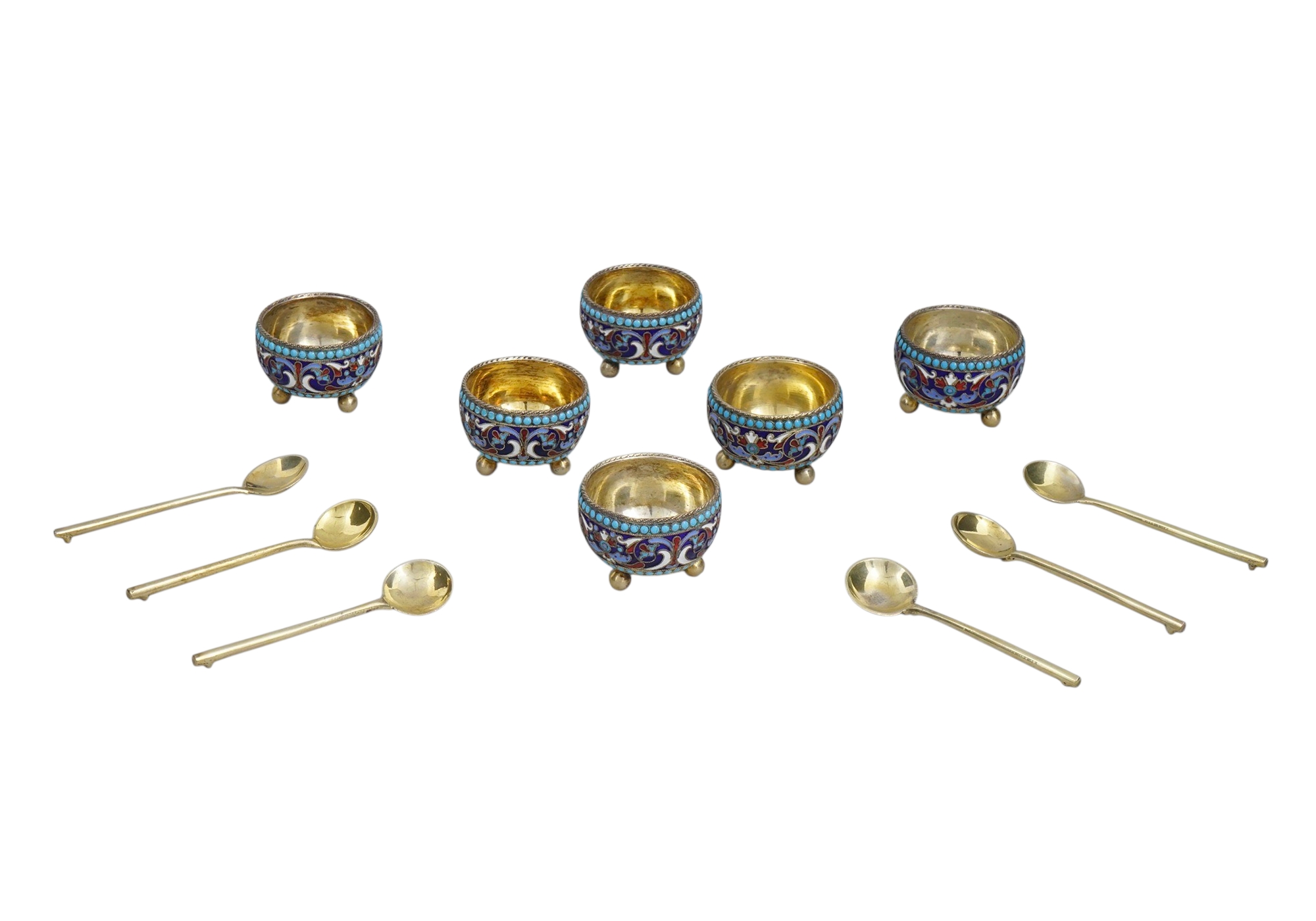 A LOT OF SIX CASED RUSSIAN CLOISONNE ENAMEL SALT CELLARS BY KURLYUKOV, 1895