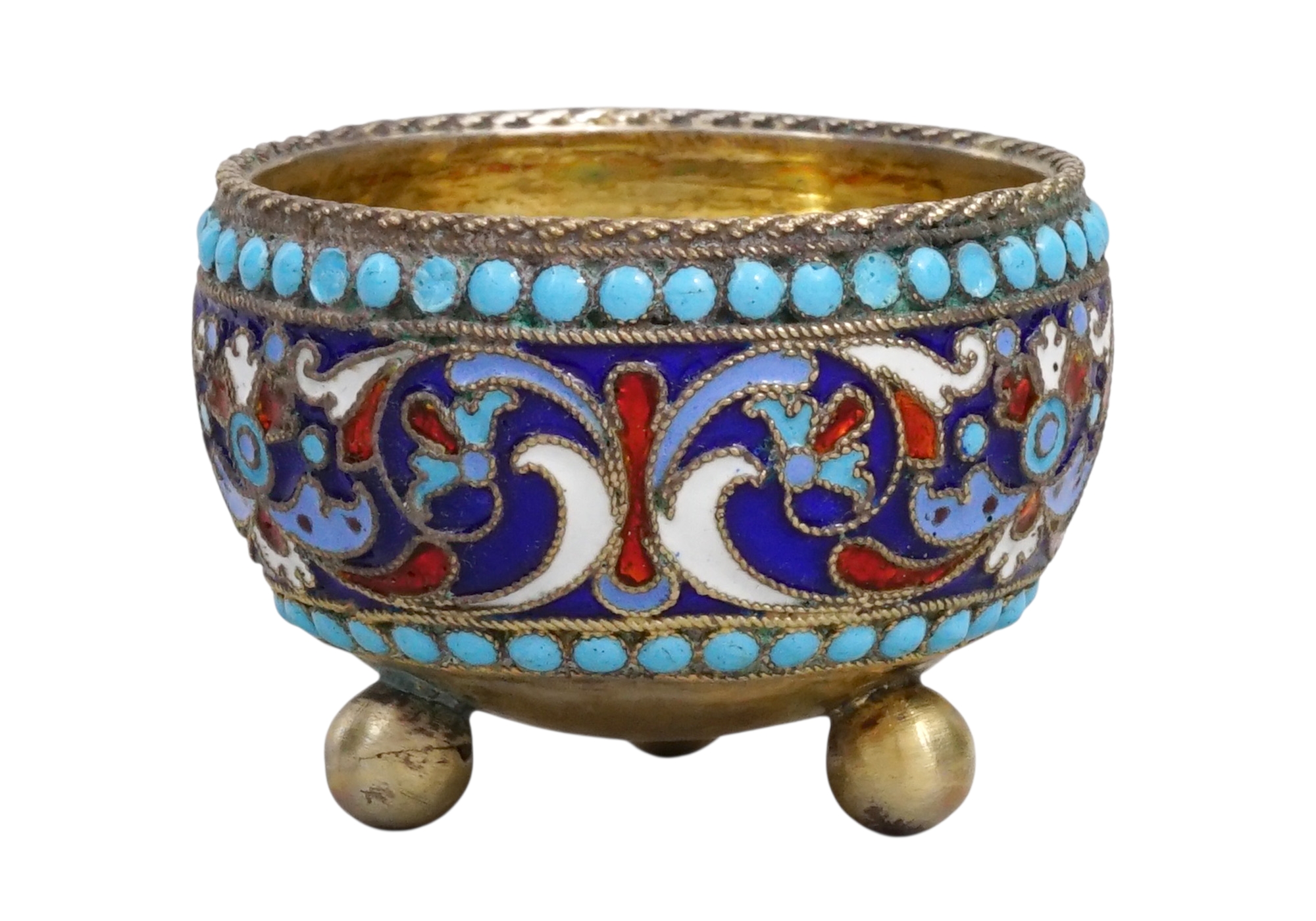 A LOT OF SIX CASED RUSSIAN CLOISONNE ENAMEL SALT CELLARS BY KURLYUKOV, 1895