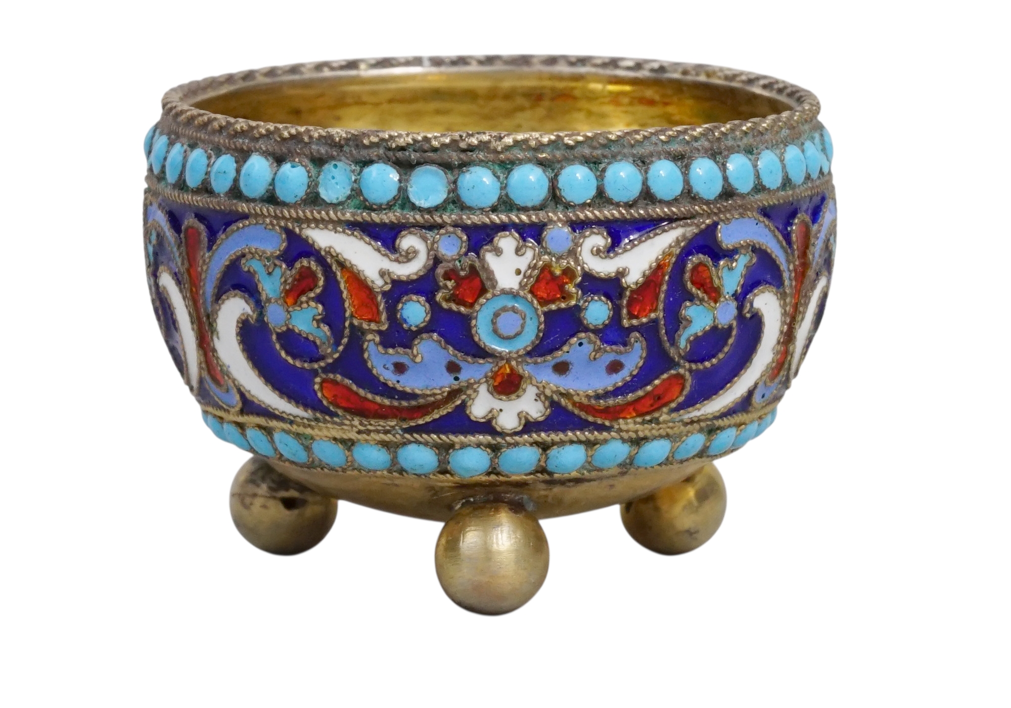 A LOT OF SIX CASED RUSSIAN CLOISONNE ENAMEL SALT CELLARS BY KURLYUKOV, 1895