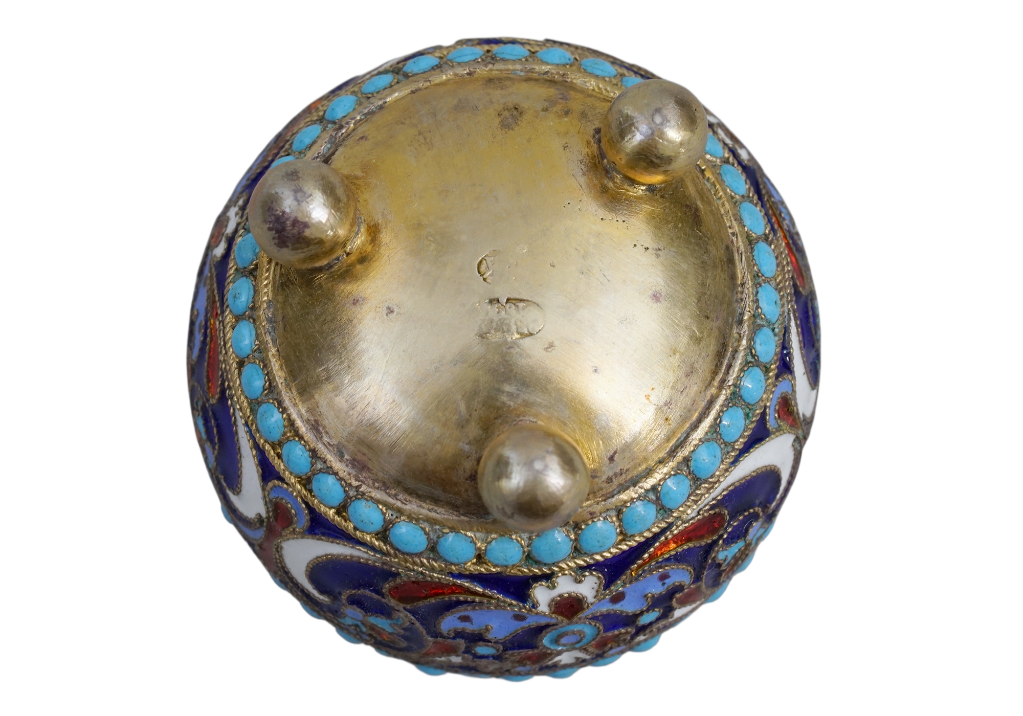 A LOT OF SIX CASED RUSSIAN CLOISONNE ENAMEL SALT CELLARS BY KURLYUKOV, 1895