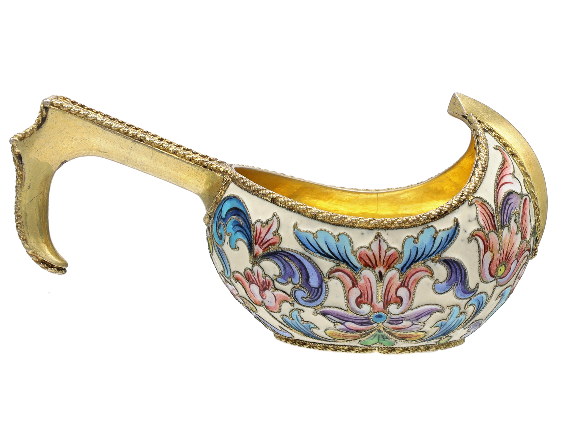 A SMALL RUSSIAN KOVSH BOWL WITH COLORFUL ENAMELED CLOISONNE ON GILT SILVER