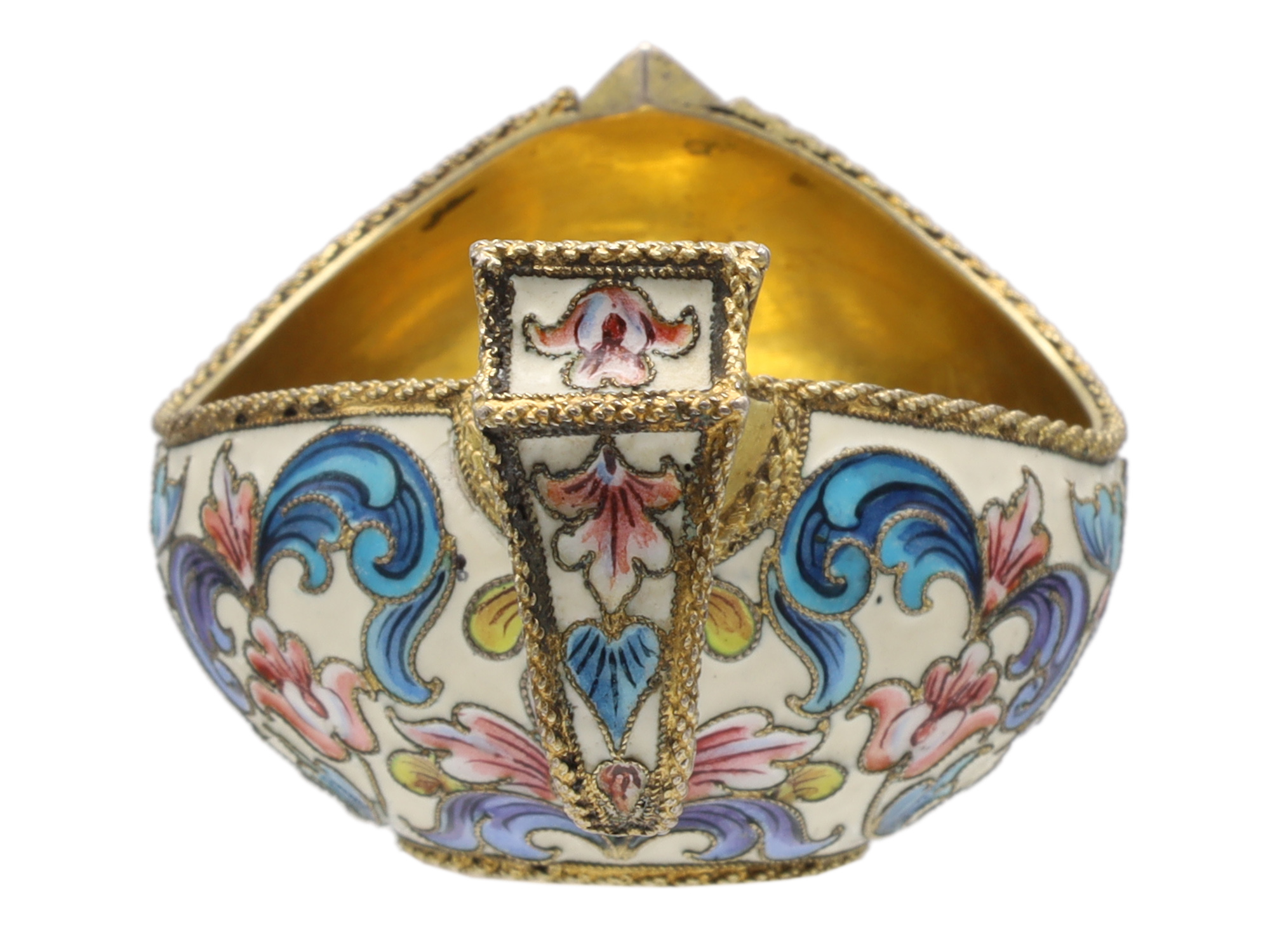 A SMALL RUSSIAN KOVSH BOWL WITH COLORFUL ENAMELED CLOISONNE ON GILT SILVER