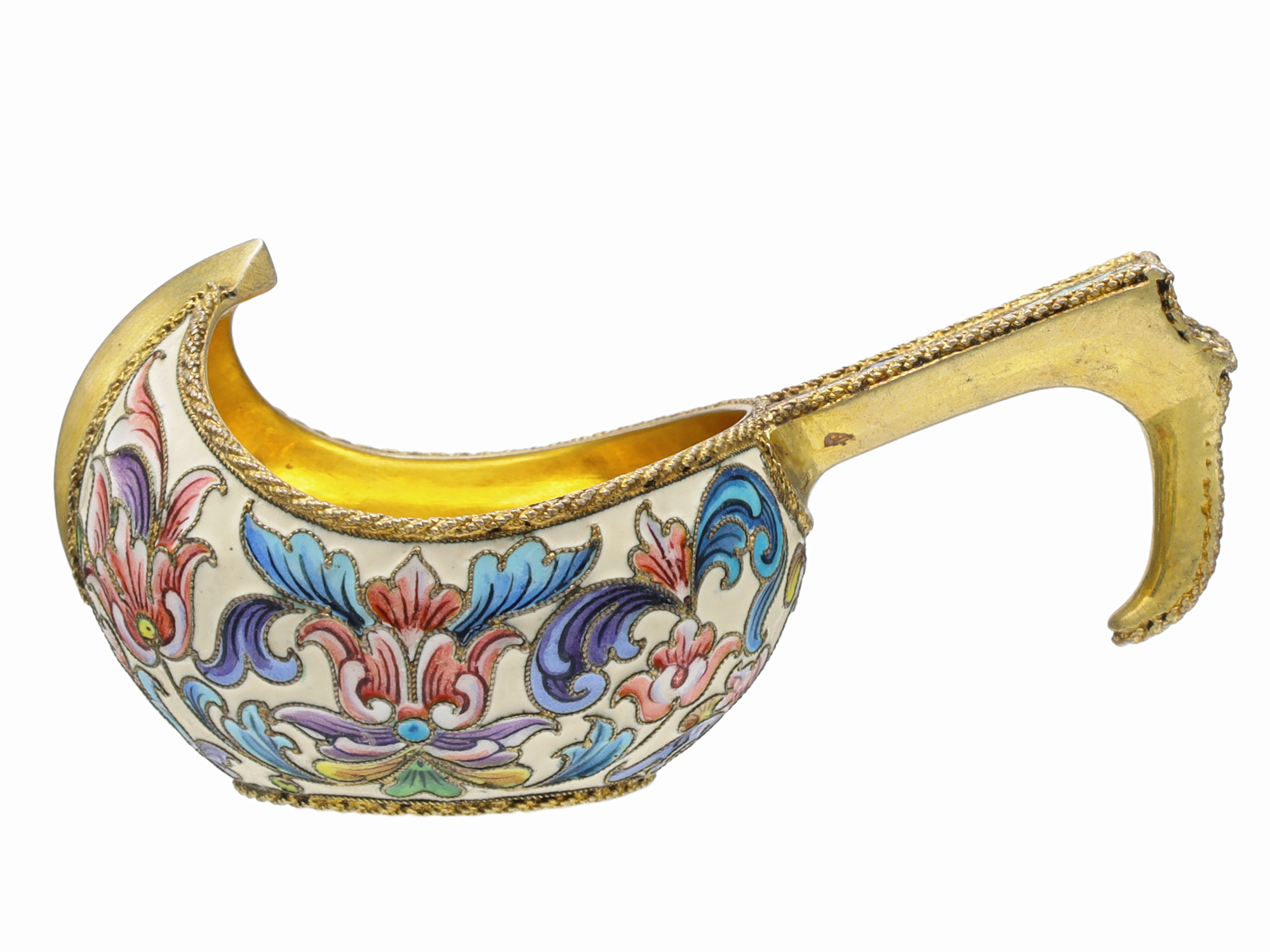 A SMALL RUSSIAN KOVSH BOWL WITH COLORFUL ENAMELED CLOISONNE ON GILT SILVER