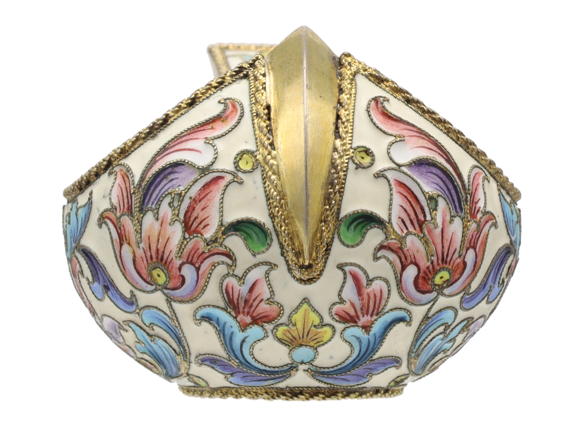 A SMALL RUSSIAN KOVSH BOWL WITH COLORFUL ENAMELED CLOISONNE ON GILT SILVER