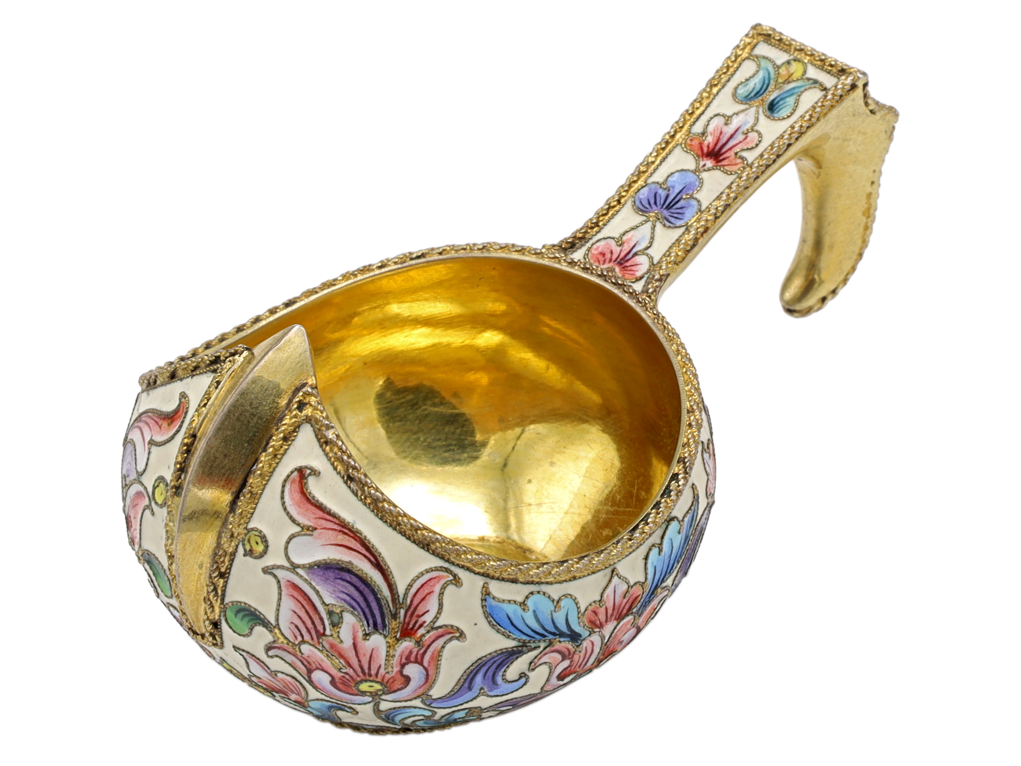 A SMALL RUSSIAN KOVSH BOWL WITH COLORFUL ENAMELED CLOISONNE ON GILT SILVER