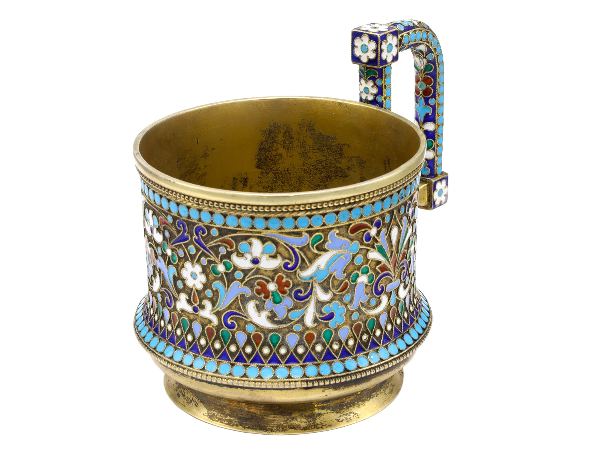 A RUSSIAN GILT-SILVER SILVER AND CLOISONNE ENAMEL TEA GLASS HOLDER
