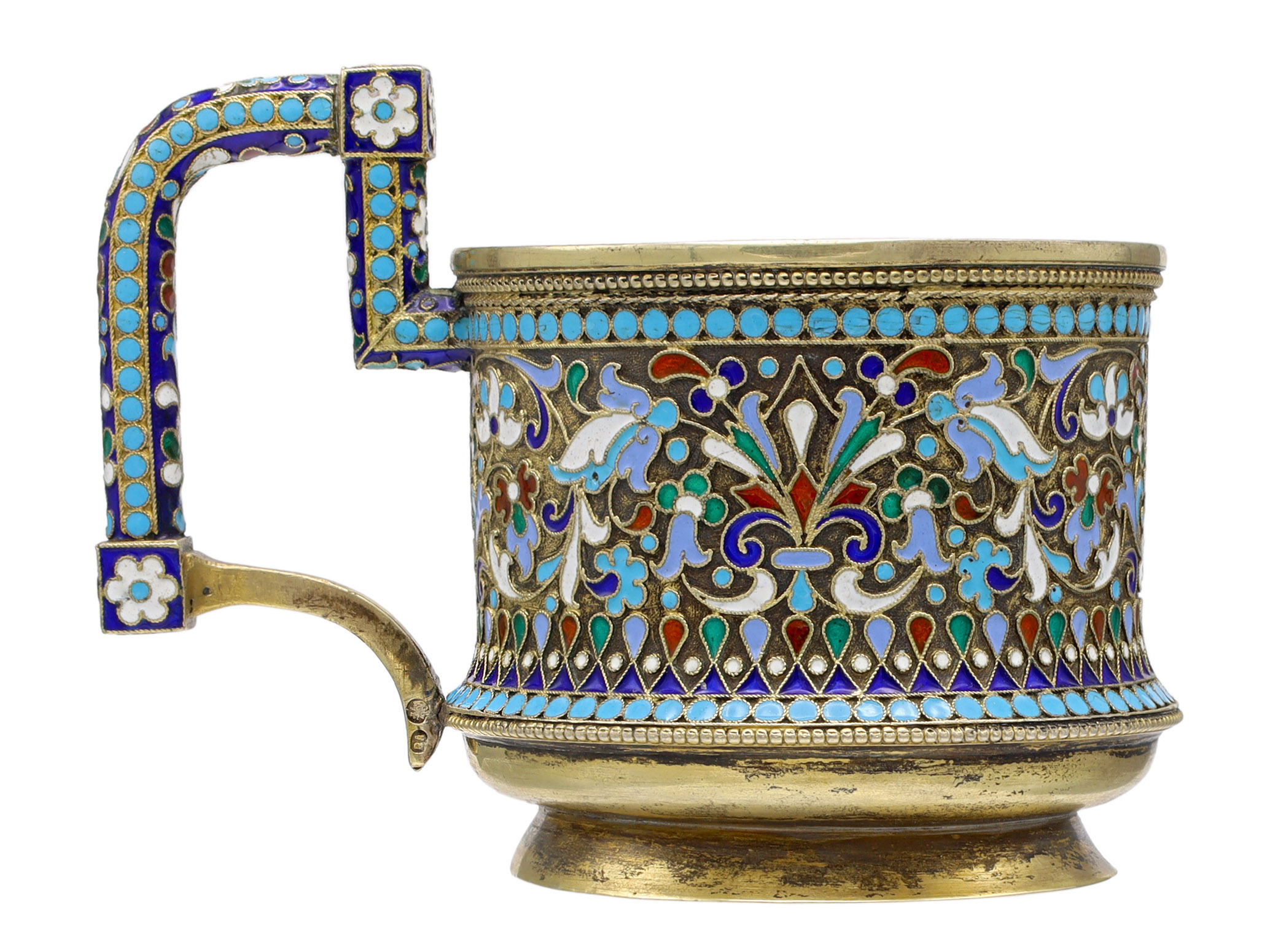 A RUSSIAN GILT-SILVER SILVER AND CLOISONNE ENAMEL TEA GLASS HOLDER
