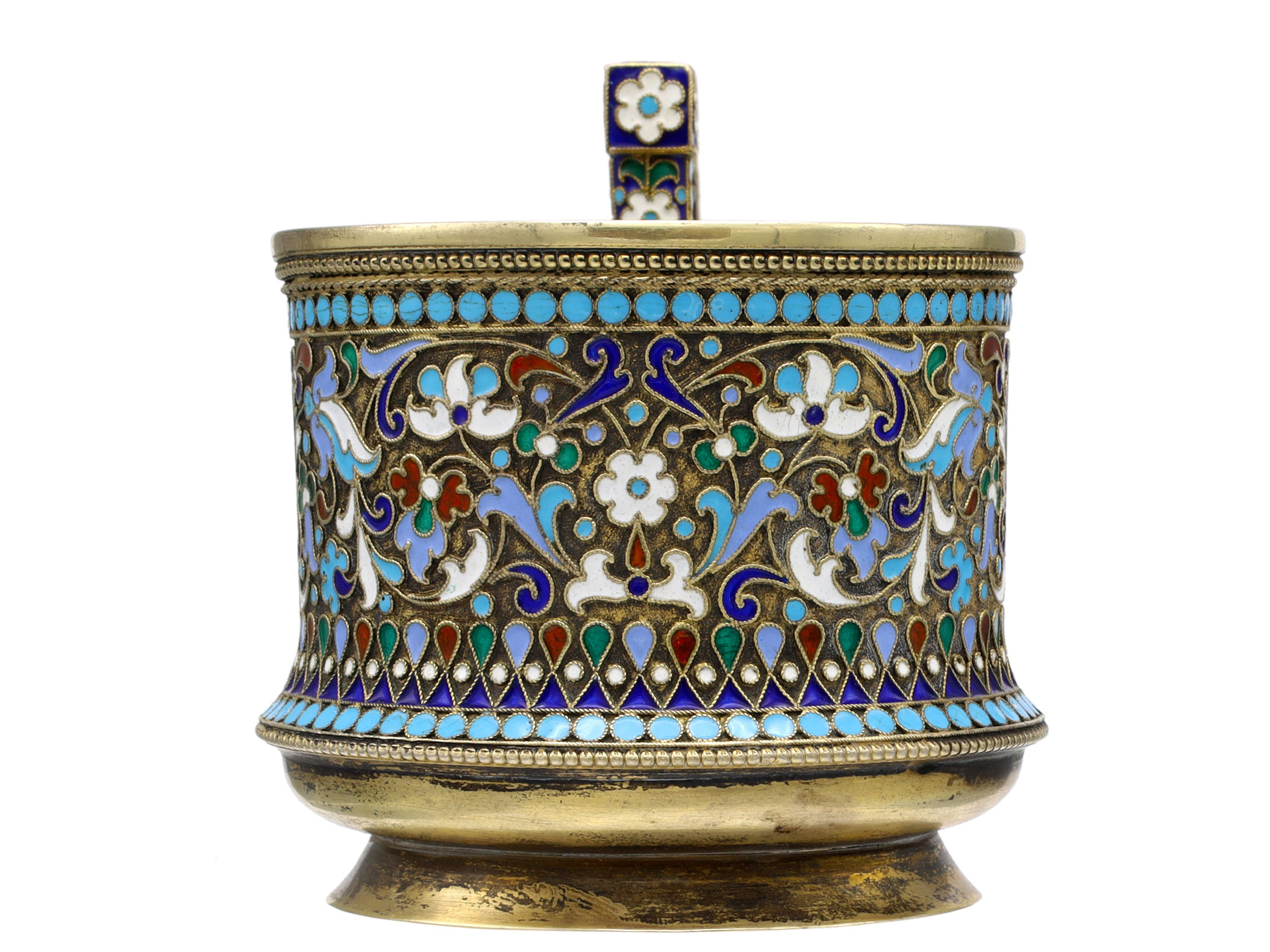 A RUSSIAN GILT-SILVER SILVER AND CLOISONNE ENAMEL TEA GLASS HOLDER