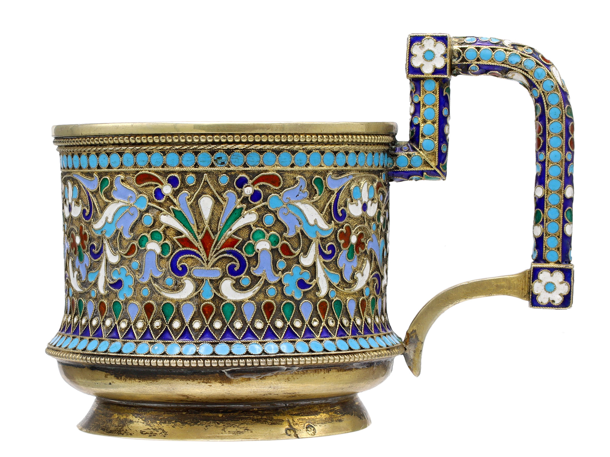 A RUSSIAN GILT-SILVER SILVER AND CLOISONNE ENAMEL TEA GLASS HOLDER