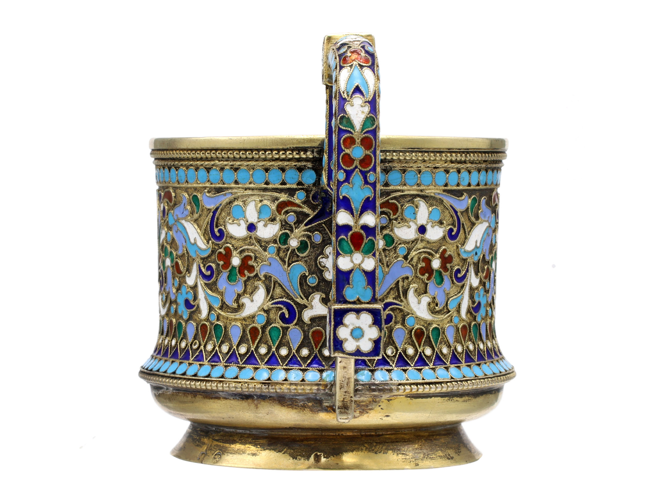 A RUSSIAN GILT-SILVER SILVER AND CLOISONNE ENAMEL TEA GLASS HOLDER