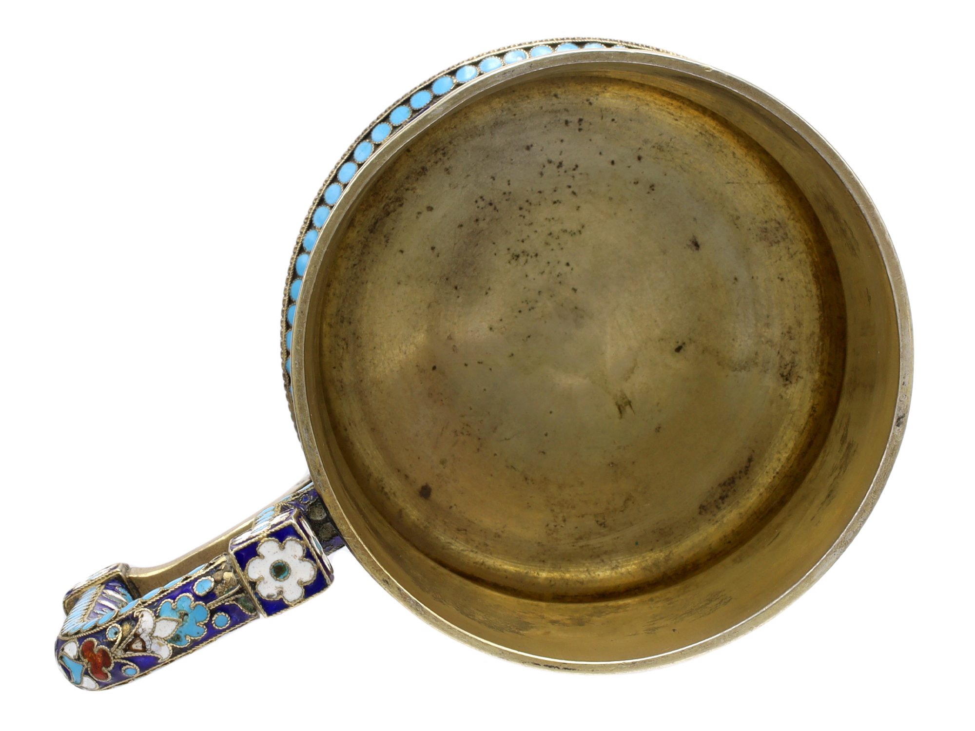 A RUSSIAN GILT-SILVER SILVER AND CLOISONNE ENAMEL TEA GLASS HOLDER
