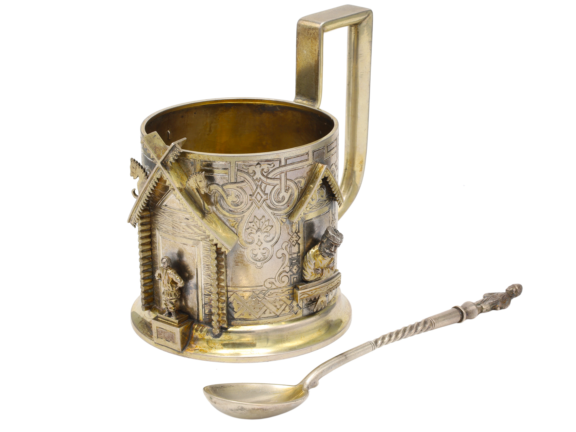 A RUSSIAN GILT-SILVER TEA GLASS HOLDER WITH SPOON, 1888