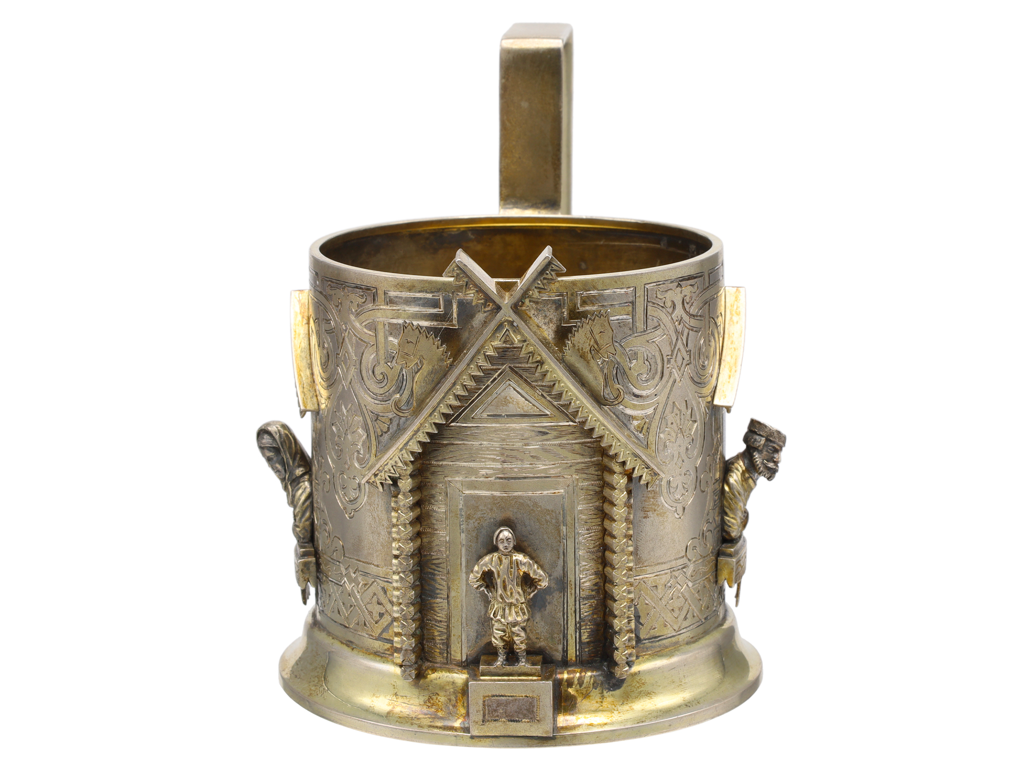 A RUSSIAN GILT-SILVER TEA GLASS HOLDER WITH SPOON, 1888