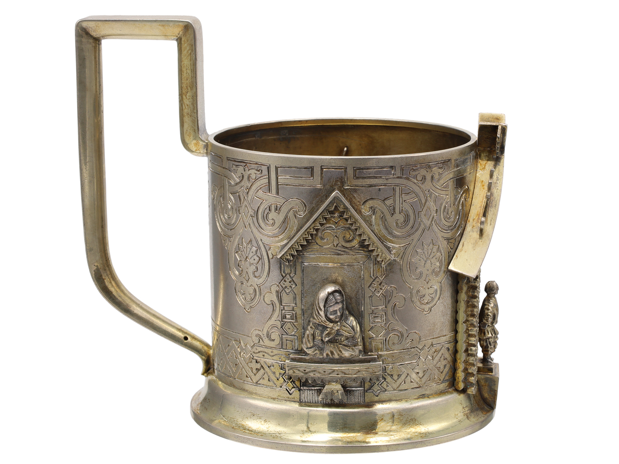 A RUSSIAN GILT-SILVER TEA GLASS HOLDER WITH SPOON, 1888