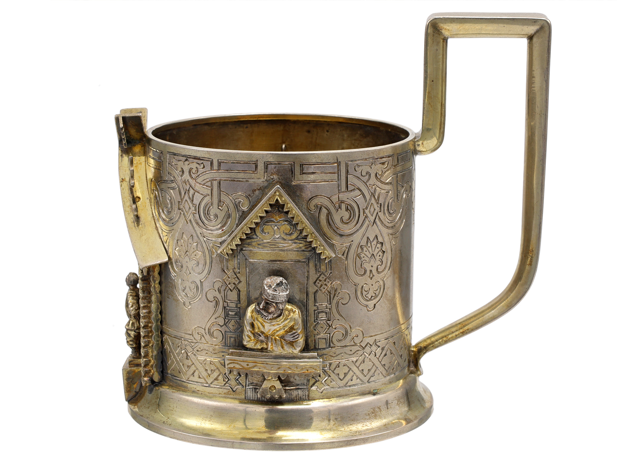 A RUSSIAN GILT-SILVER TEA GLASS HOLDER WITH SPOON, 1888