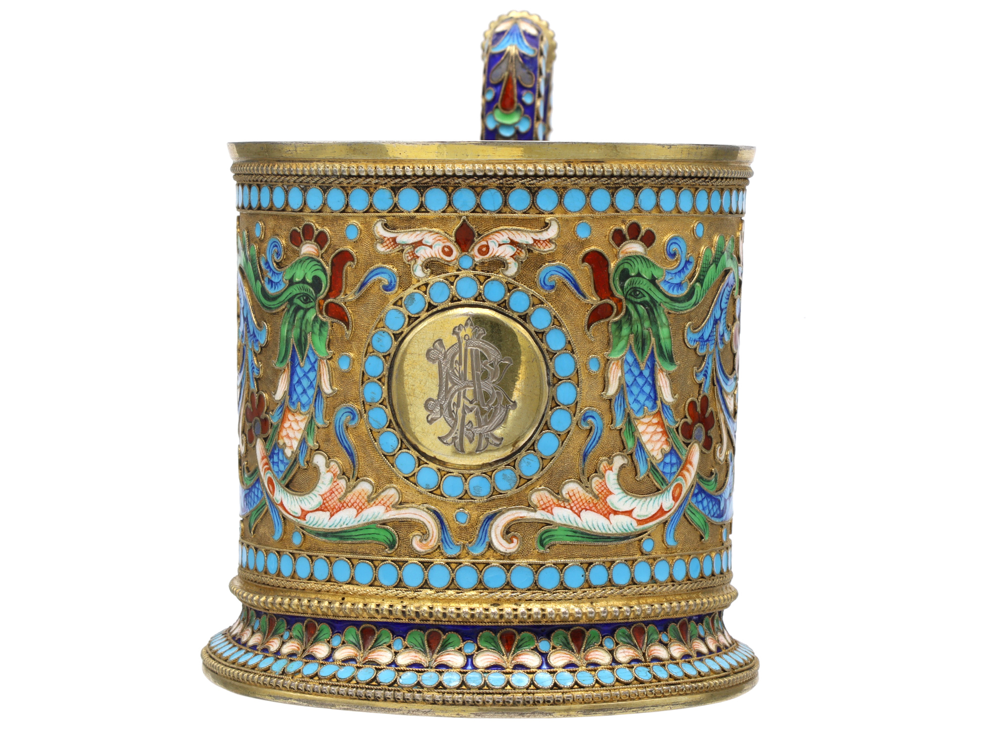 A RUSSIAN PARCEL-GILT SILVER AND CLOISONNÉ ENAMEL PRESENTATION TEA GLASS HOLDER