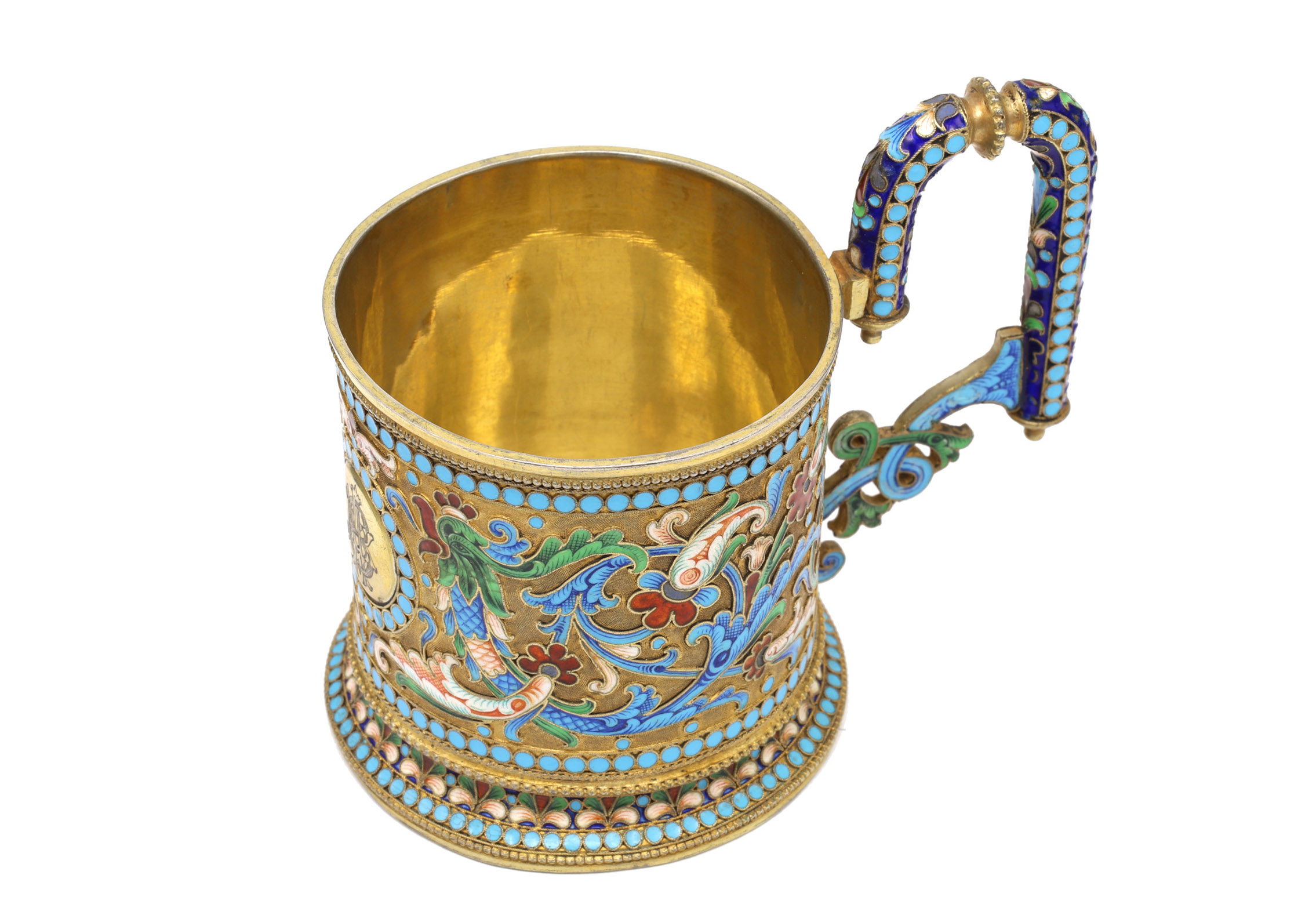 A RUSSIAN PARCEL-GILT SILVER AND CLOISONNÉ ENAMEL PRESENTATION TEA GLASS HOLDER