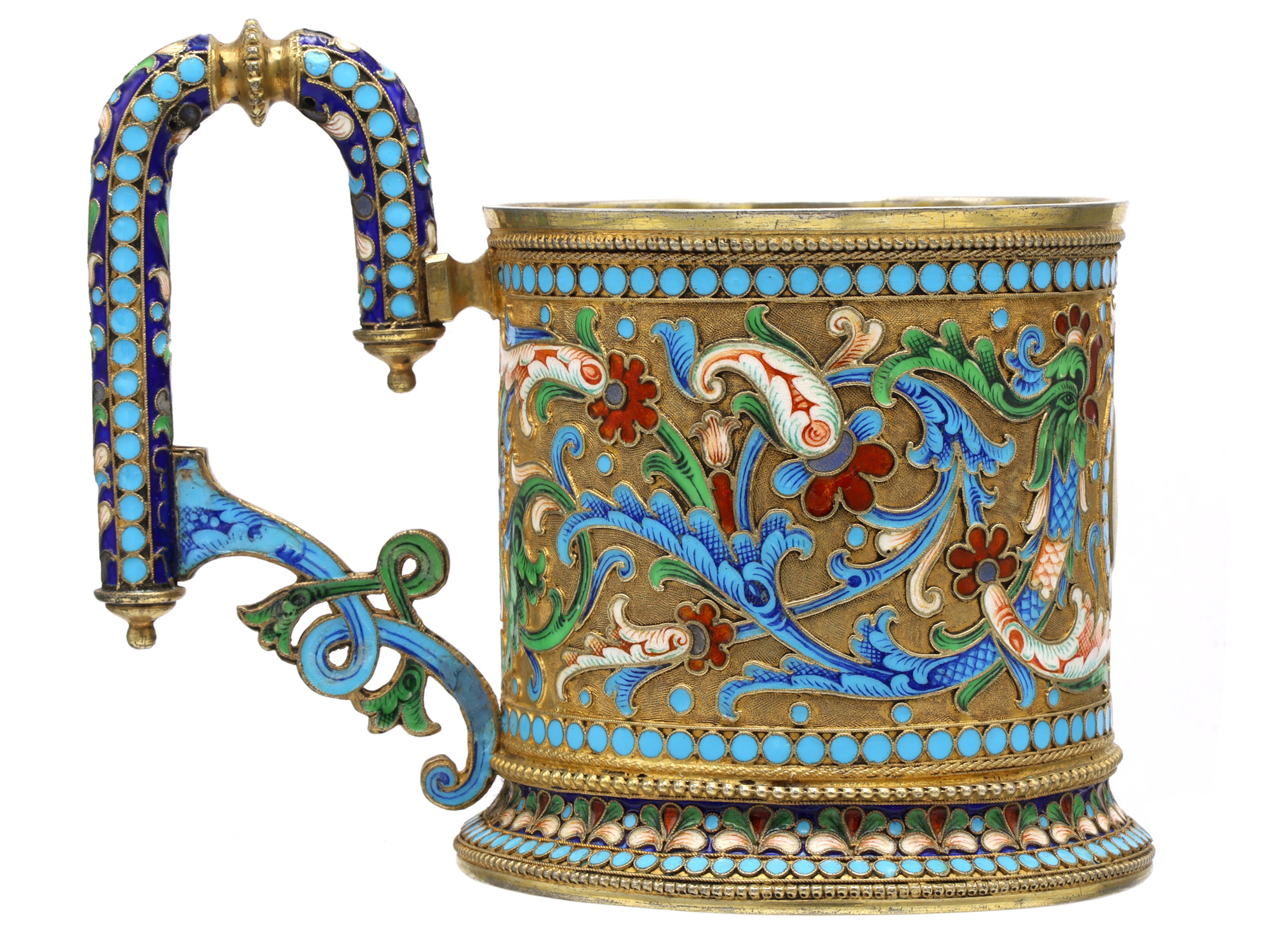 A RUSSIAN PARCEL-GILT SILVER AND CLOISONNÉ ENAMEL PRESENTATION TEA GLASS HOLDER