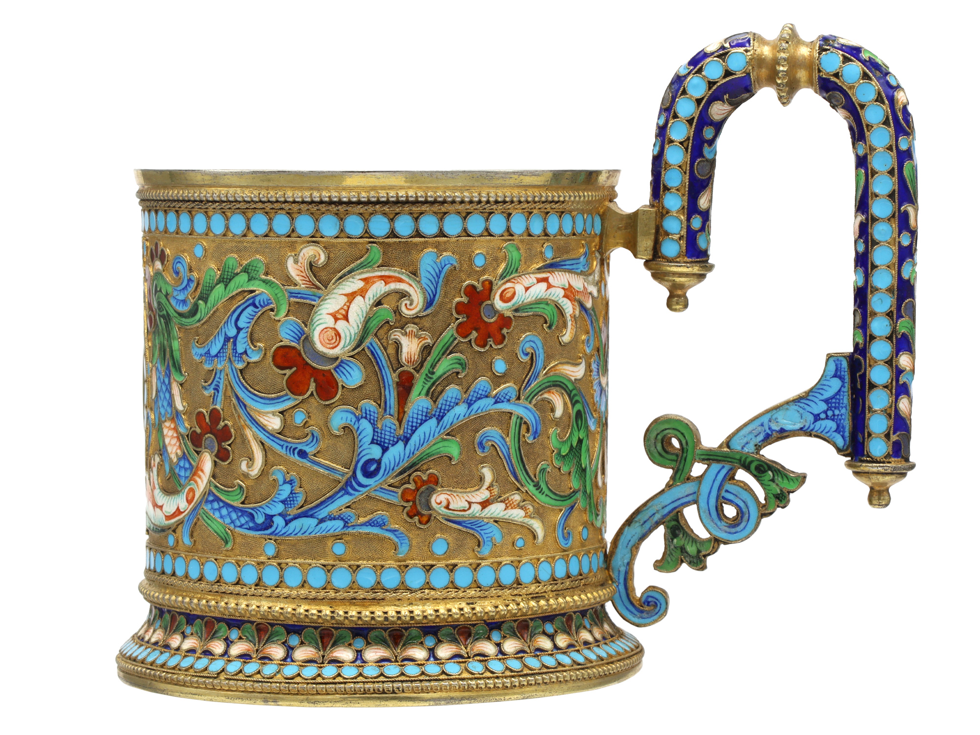 A RUSSIAN PARCEL-GILT SILVER AND CLOISONNÉ ENAMEL PRESENTATION TEA GLASS HOLDER