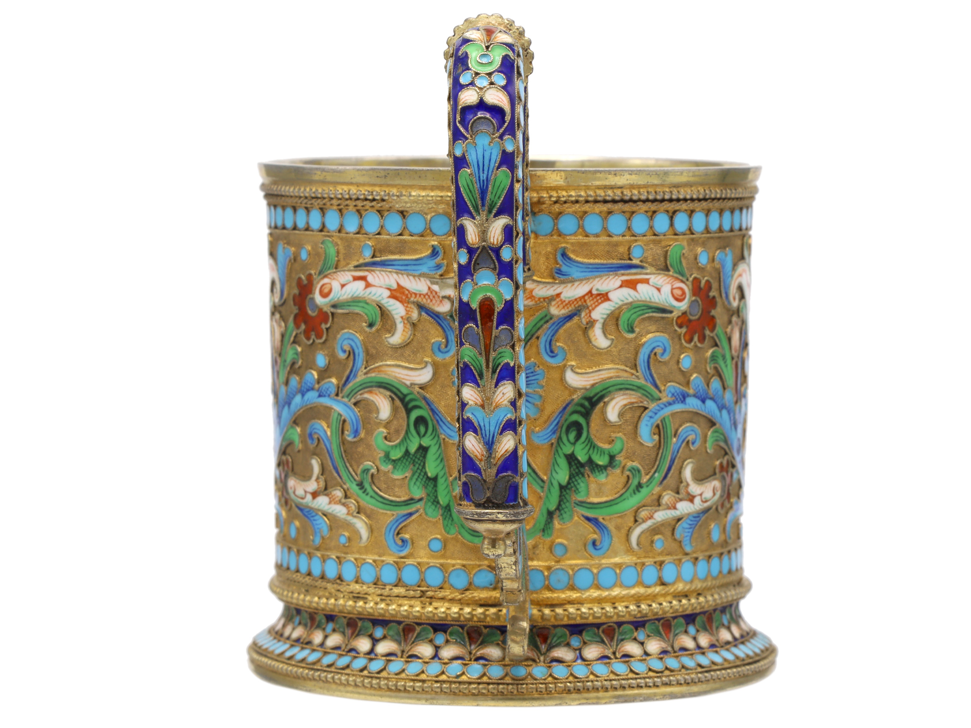 A RUSSIAN PARCEL-GILT SILVER AND CLOISONNÉ ENAMEL PRESENTATION TEA GLASS HOLDER