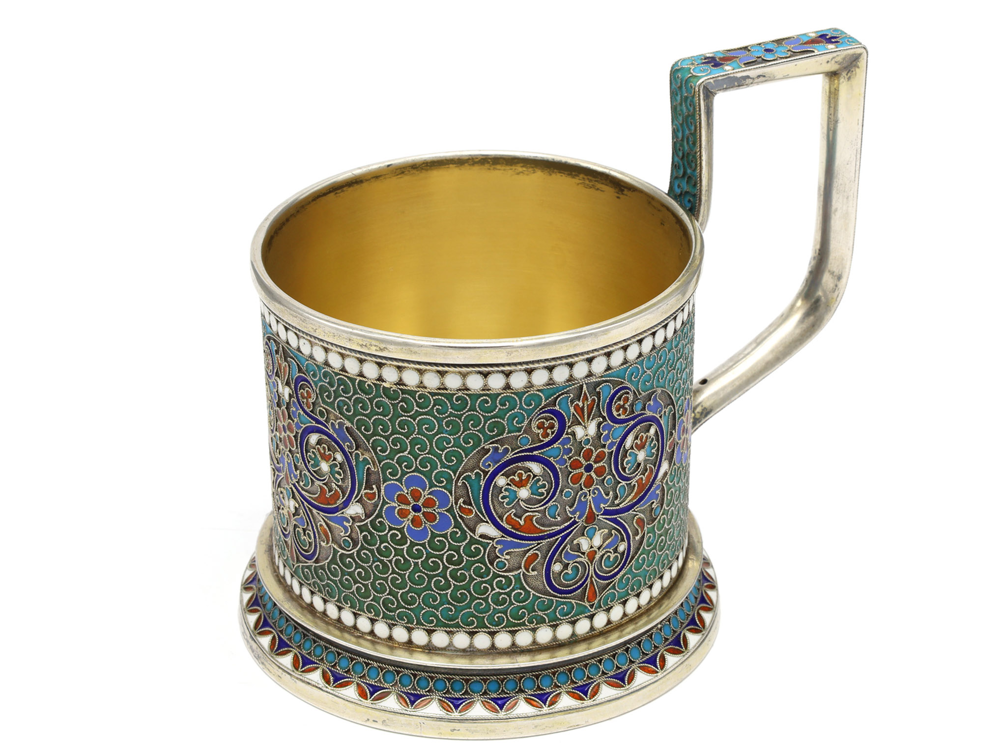 A RUSSIAN PARCEL-GILT SILVER AND CLOISONNÉ ENAMEL TEA GLASS HOLDER BY GUSTAV KLINGERT, 1895