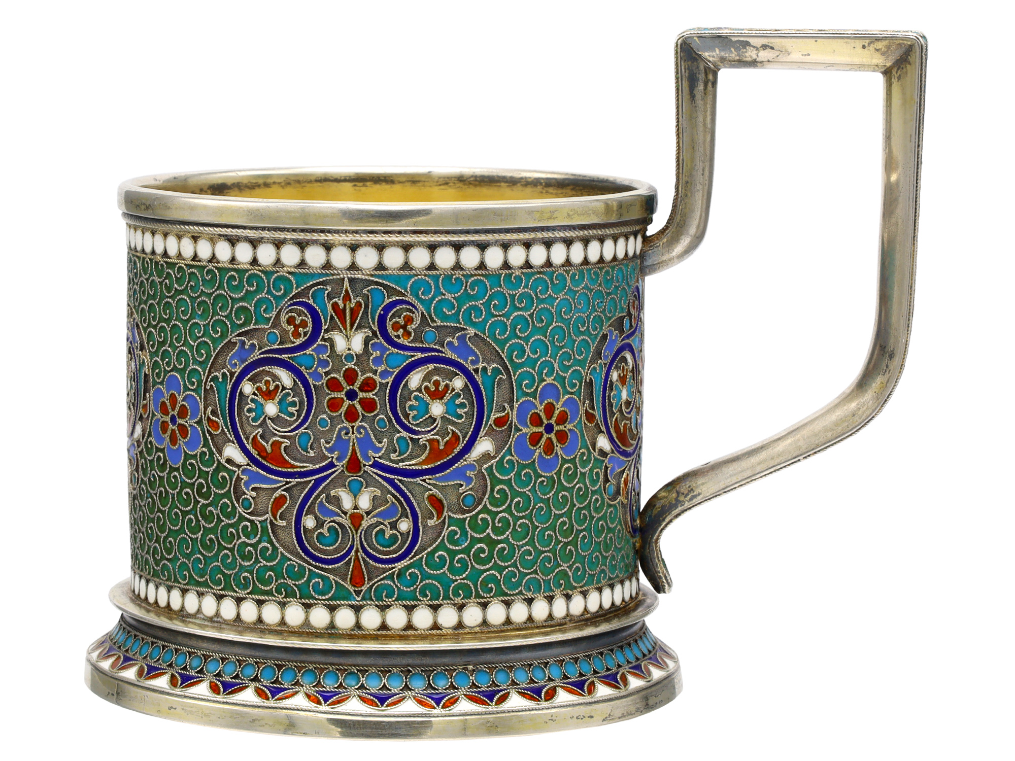 A RUSSIAN PARCEL-GILT SILVER AND CLOISONNÉ ENAMEL TEA GLASS HOLDER BY GUSTAV KLINGERT, 1895