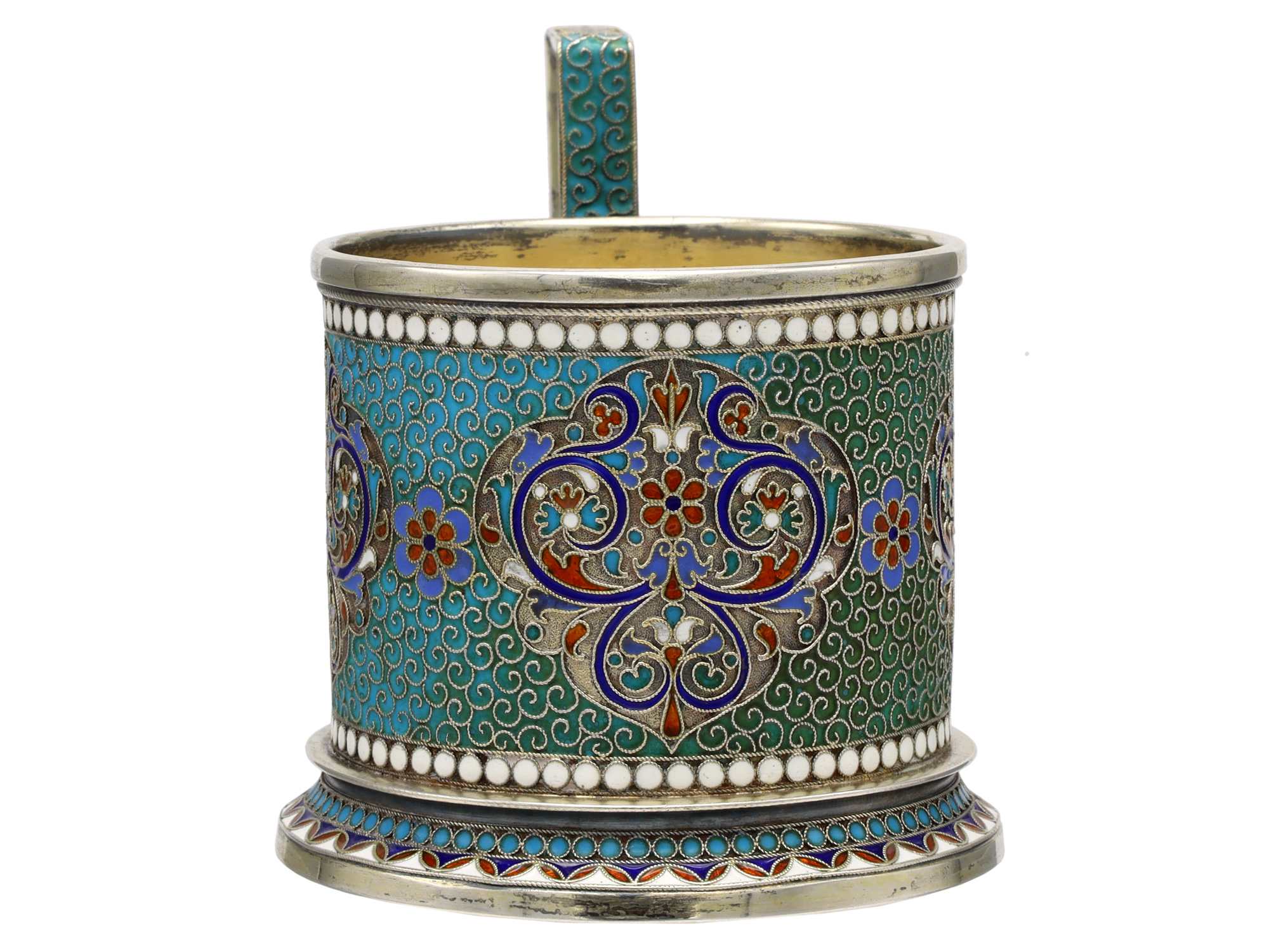 A RUSSIAN PARCEL-GILT SILVER AND CLOISONNÉ ENAMEL TEA GLASS HOLDER BY GUSTAV KLINGERT, 1895