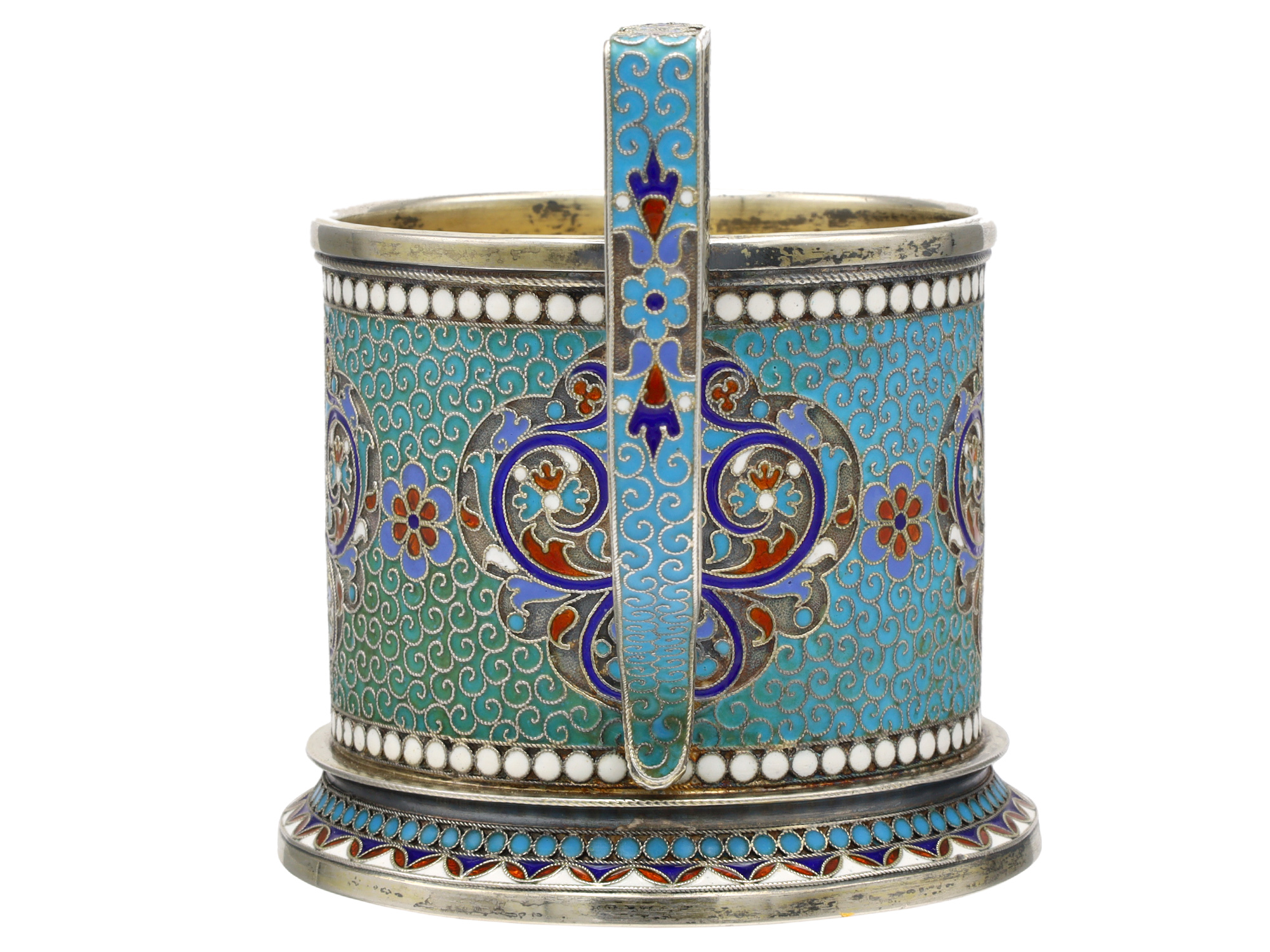A RUSSIAN PARCEL-GILT SILVER AND CLOISONNÉ ENAMEL TEA GLASS HOLDER BY GUSTAV KLINGERT, 1895