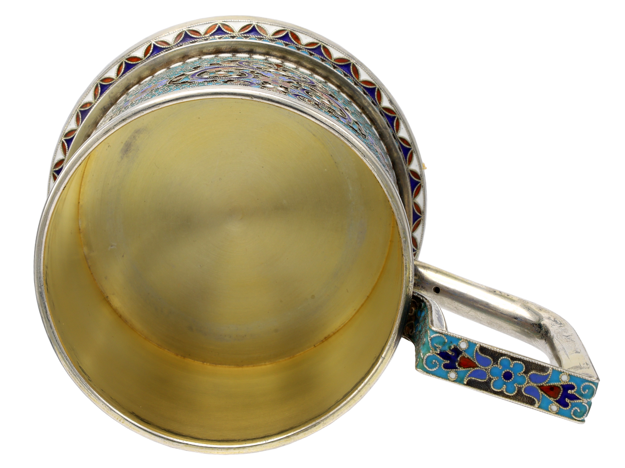 A RUSSIAN PARCEL-GILT SILVER AND CLOISONNÉ ENAMEL TEA GLASS HOLDER BY GUSTAV KLINGERT, 1895