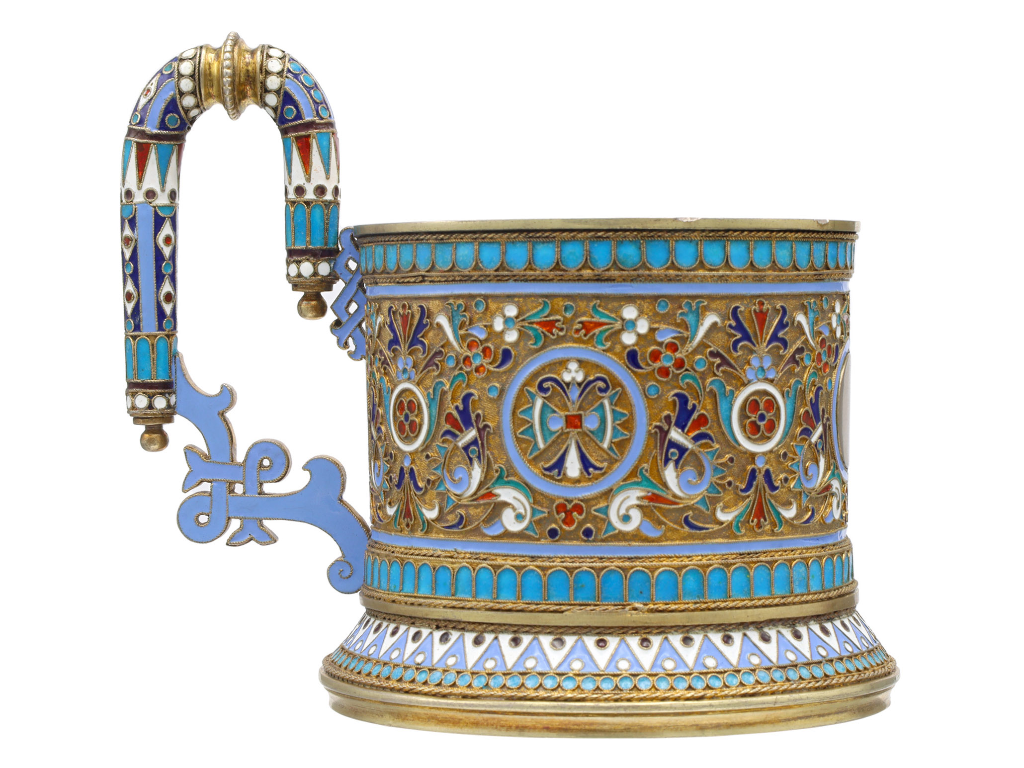 A RUSSIAN PARCEL-GILT-SILVER AND CLOISONNE ENAMEL TEA GLASS HOLDER, 1893