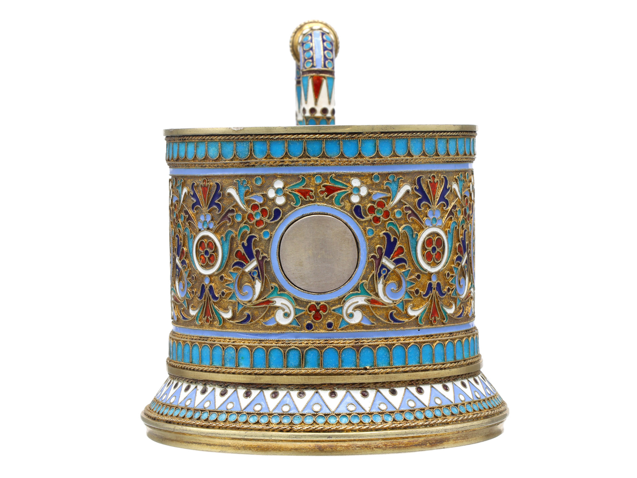 A RUSSIAN PARCEL-GILT-SILVER AND CLOISONNE ENAMEL TEA GLASS HOLDER, 1893