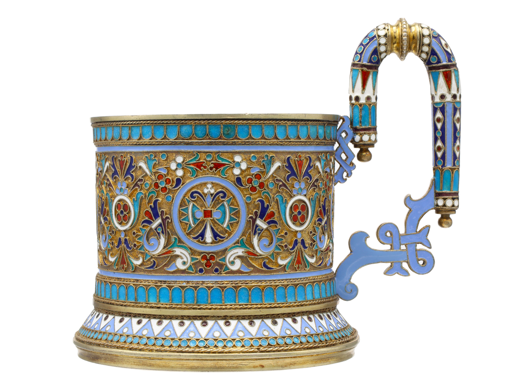 A RUSSIAN PARCEL-GILT-SILVER AND CLOISONNE ENAMEL TEA GLASS HOLDER, 1893