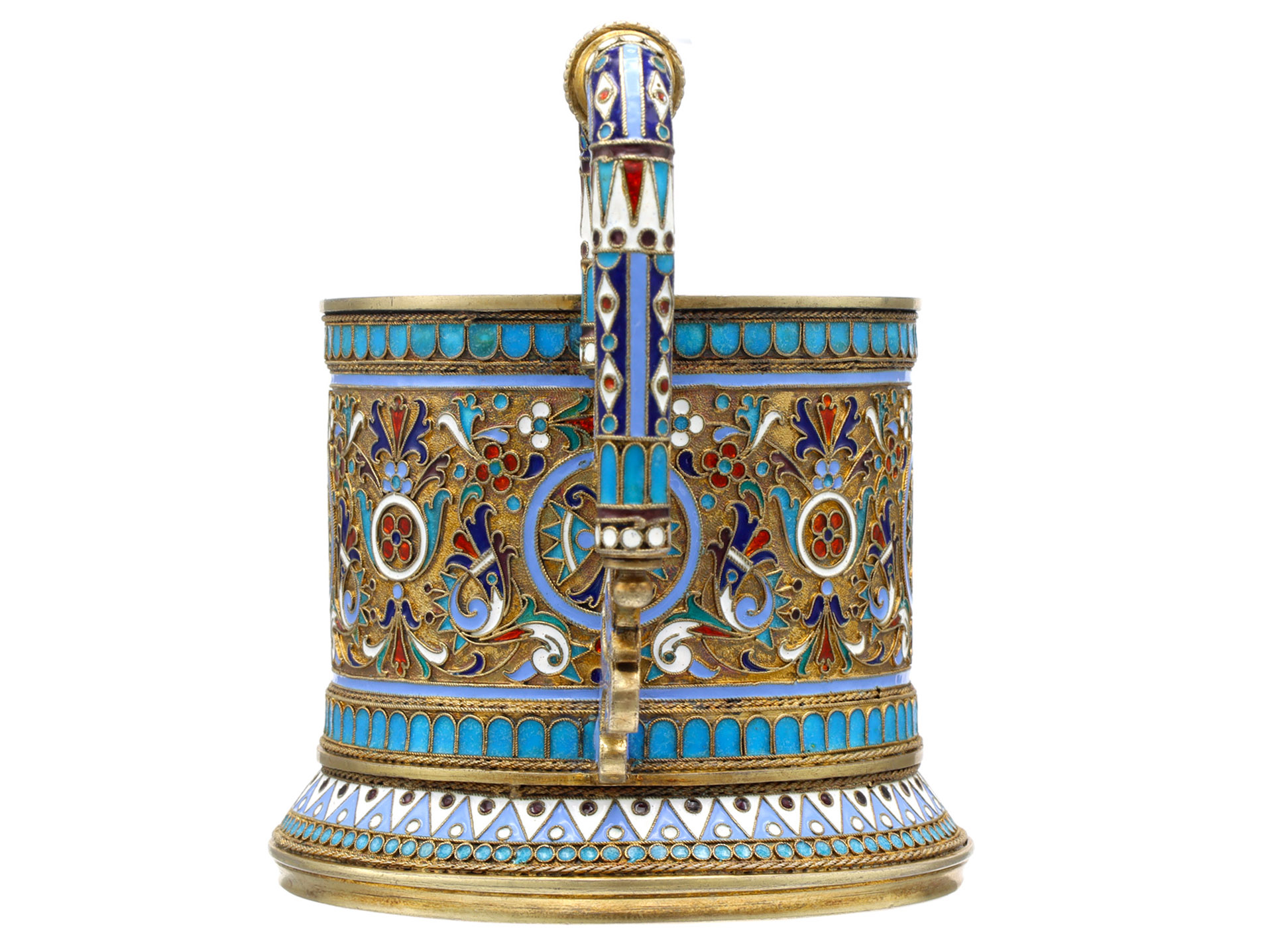 A RUSSIAN PARCEL-GILT-SILVER AND CLOISONNE ENAMEL TEA GLASS HOLDER, 1893