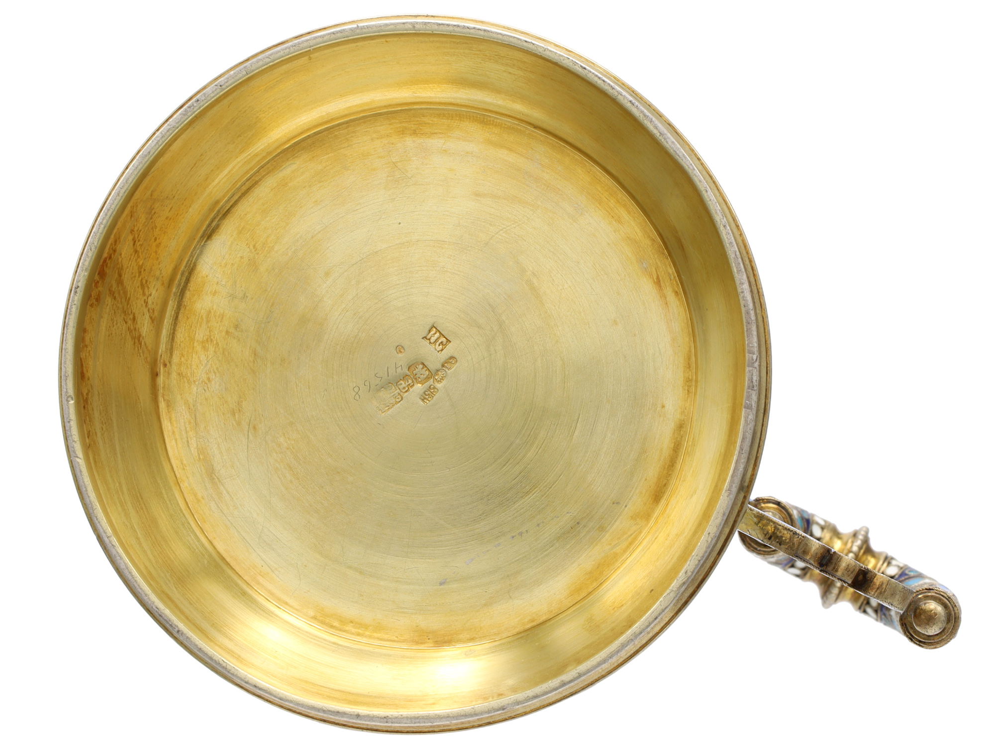 A RUSSIAN PARCEL-GILT-SILVER AND CLOISONNE ENAMEL TEA GLASS HOLDER, 1893