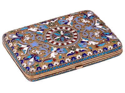A RUSSIAN GILT-SILVER CLOISONN&Eacute; ENAMEL CIGARETTE CASE, 1899-1908. Dmitriy Nikolaev, Moscow 