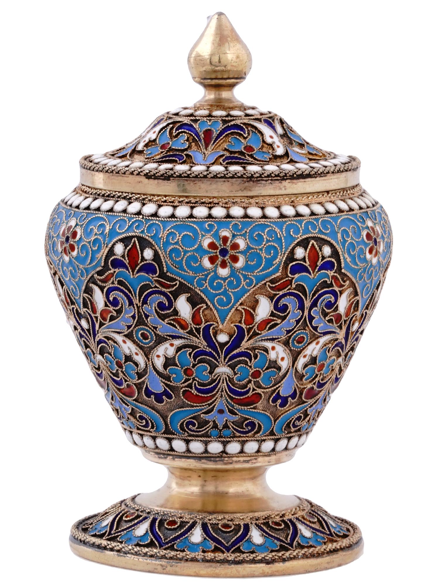 A RUSSIAN SILVER-GILT AND CLOISONNE ENAMEL LIDDED JAR, 1894