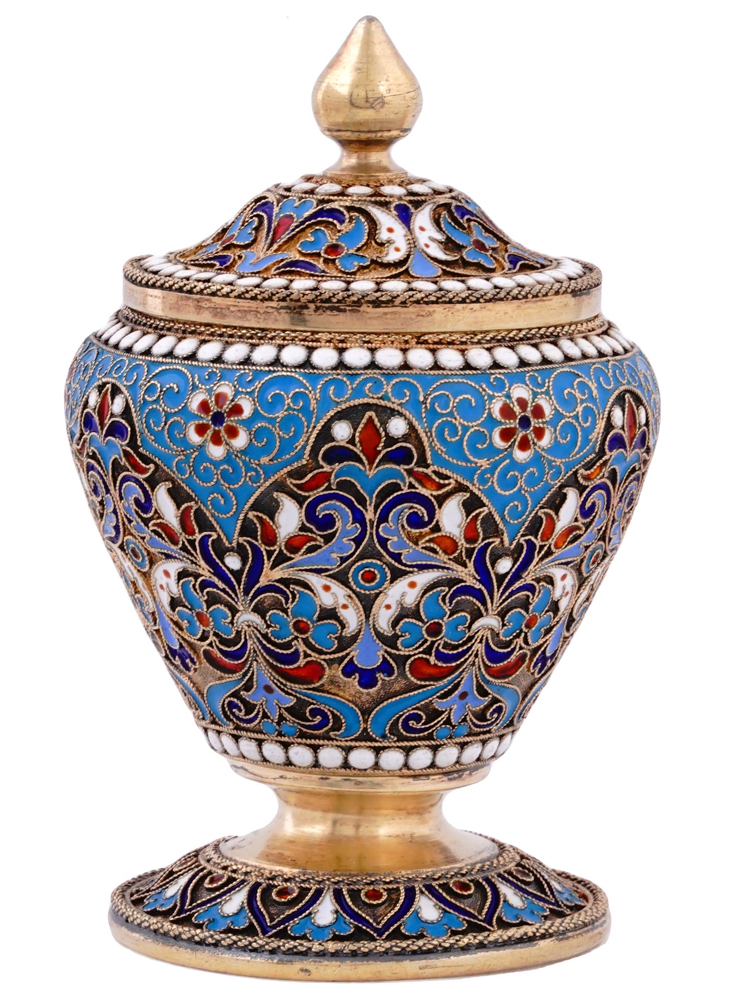 A RUSSIAN SILVER-GILT AND CLOISONNE ENAMEL LIDDED JAR, 1894