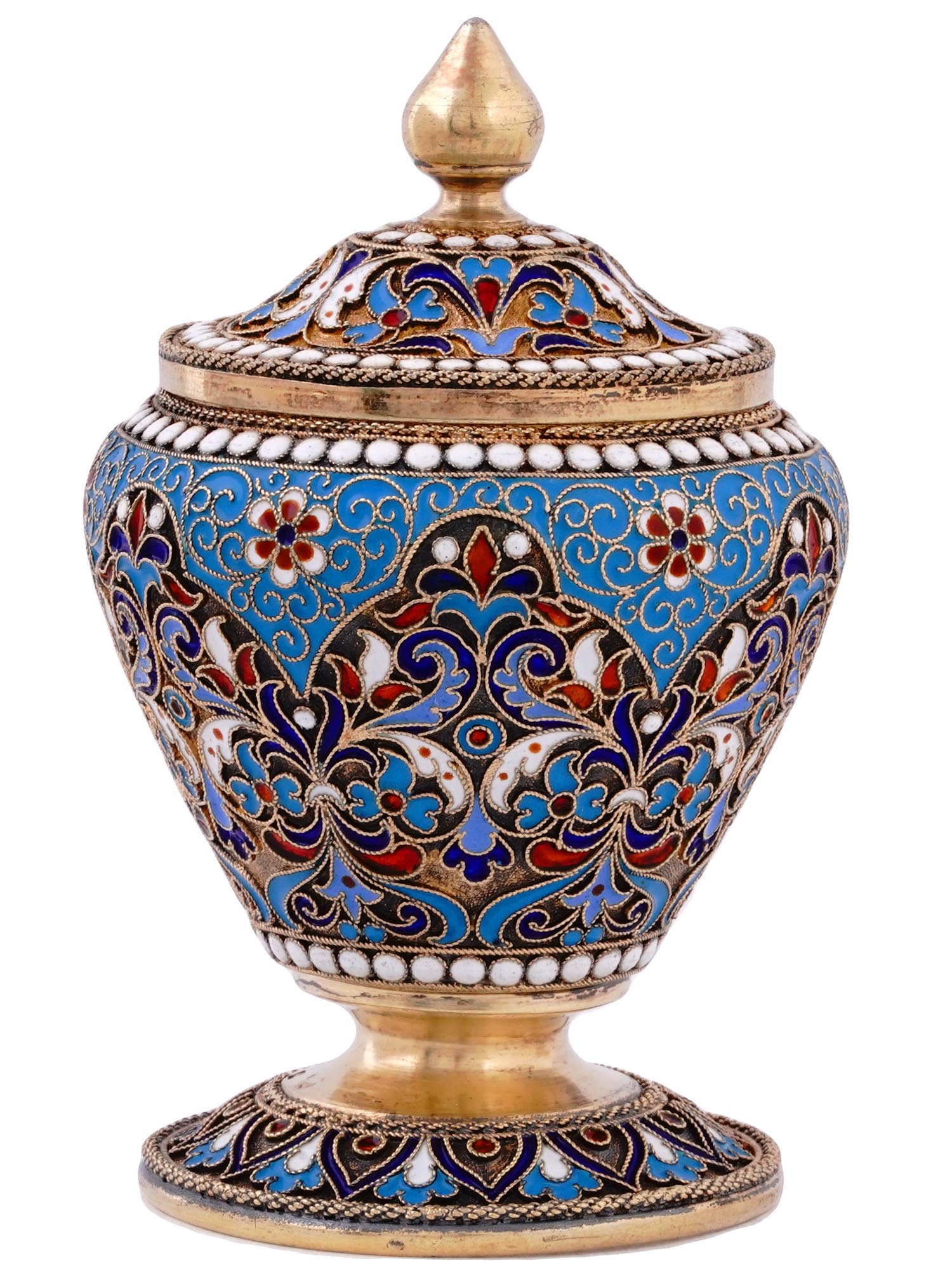 A RUSSIAN SILVER-GILT AND CLOISONNE ENAMEL LIDDED JAR, 1894