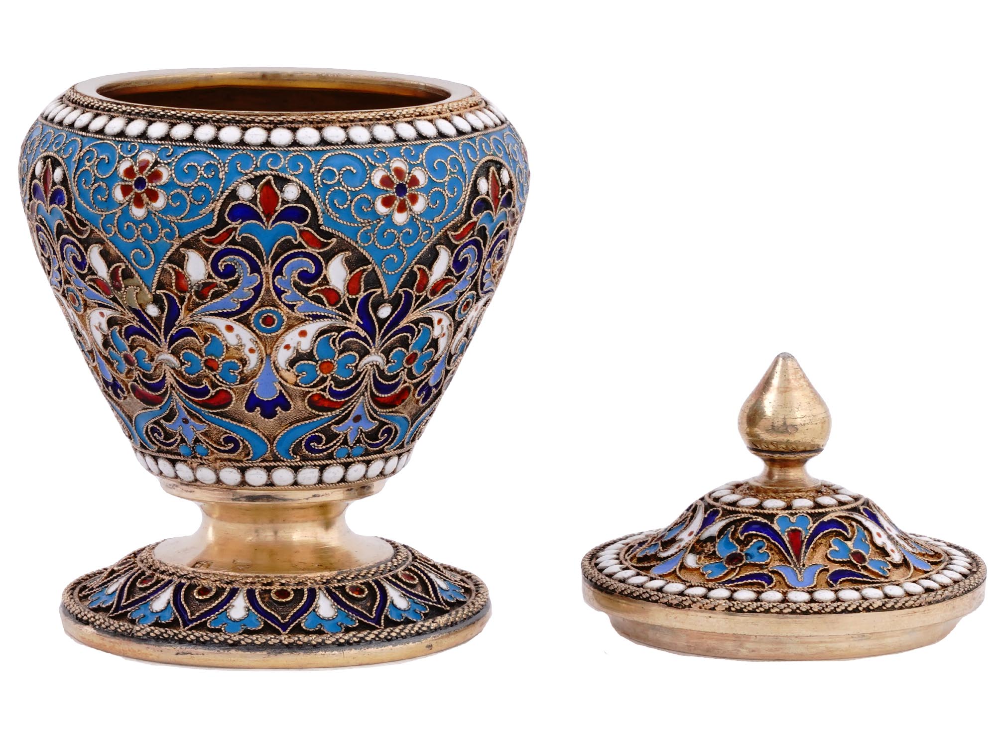 A RUSSIAN SILVER-GILT AND CLOISONNE ENAMEL LIDDED JAR, 1894